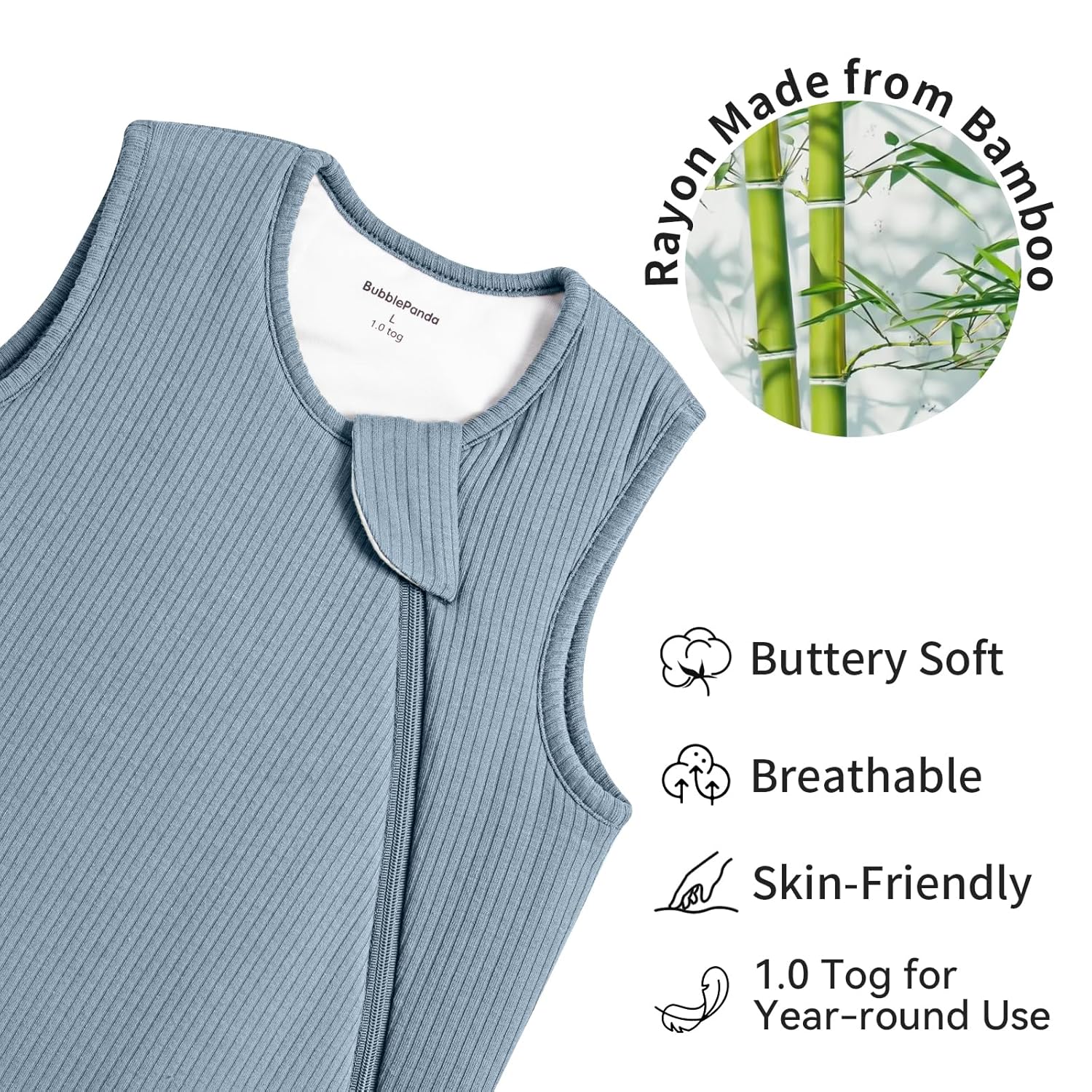 Close-up of high-density bamboo fabric on BubblePanda Glacier 1.0 TOG sleep sack showing thick buttery-soft texture