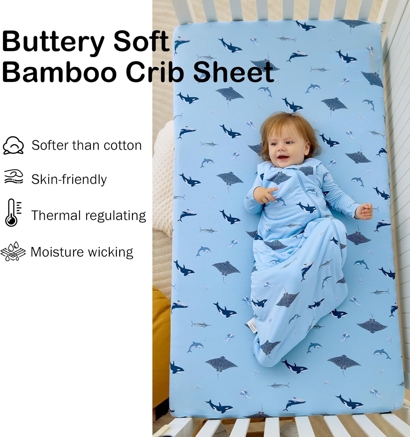 Drap-housse de berceau en bambou - (Requin)