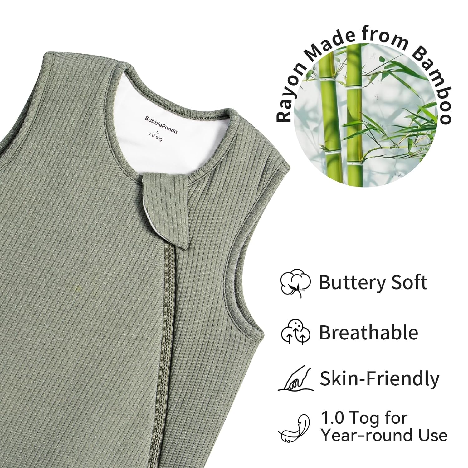 Close-up of high-density bamboo fabric on BubblePanda Olive Drab 1.0 TOG sleep sack showing thick buttery-soft texture