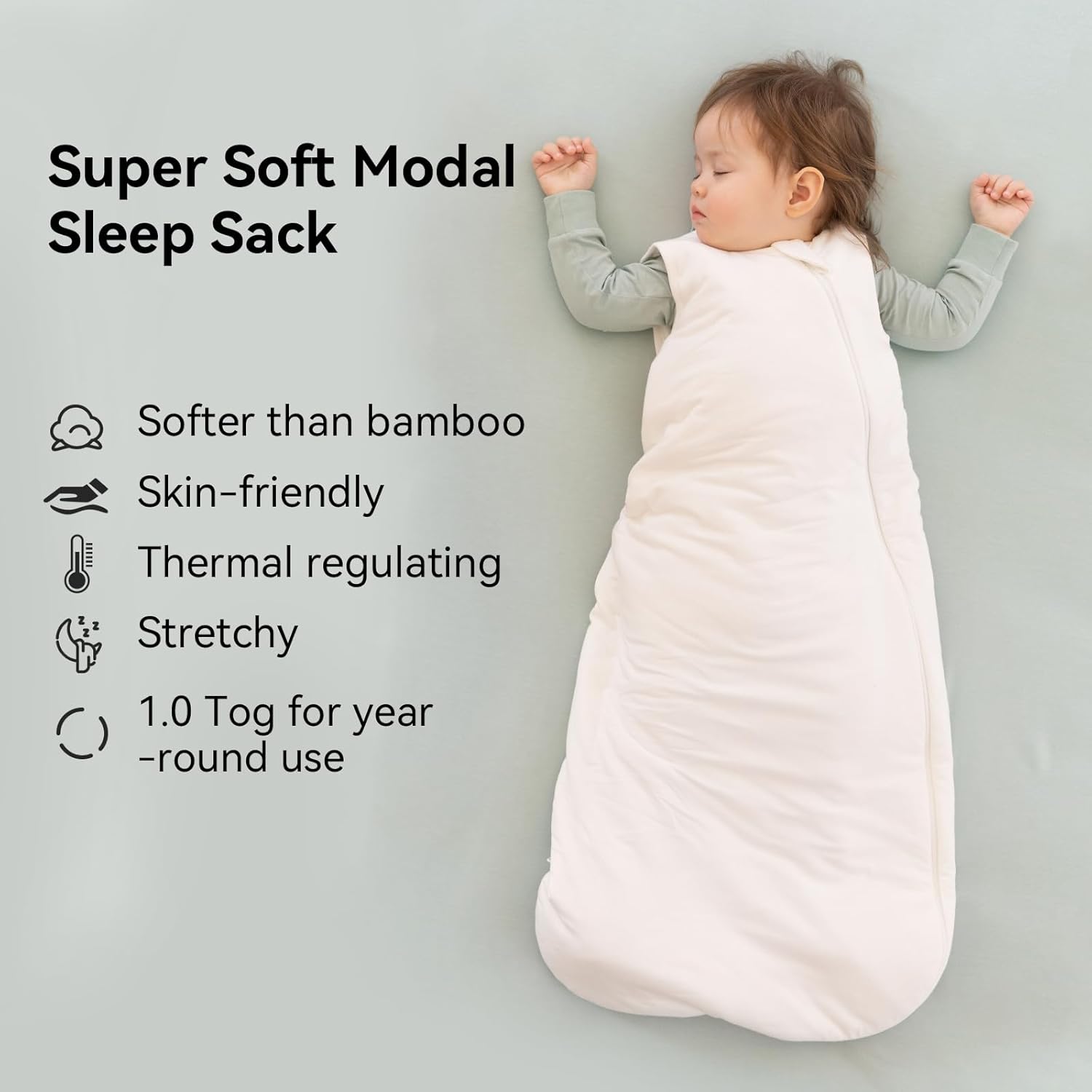 Peaceful baby sleeping in a BubblePanda Cloud Silky Modal sleep sack showing its buttery-soft and breathable fabric texture