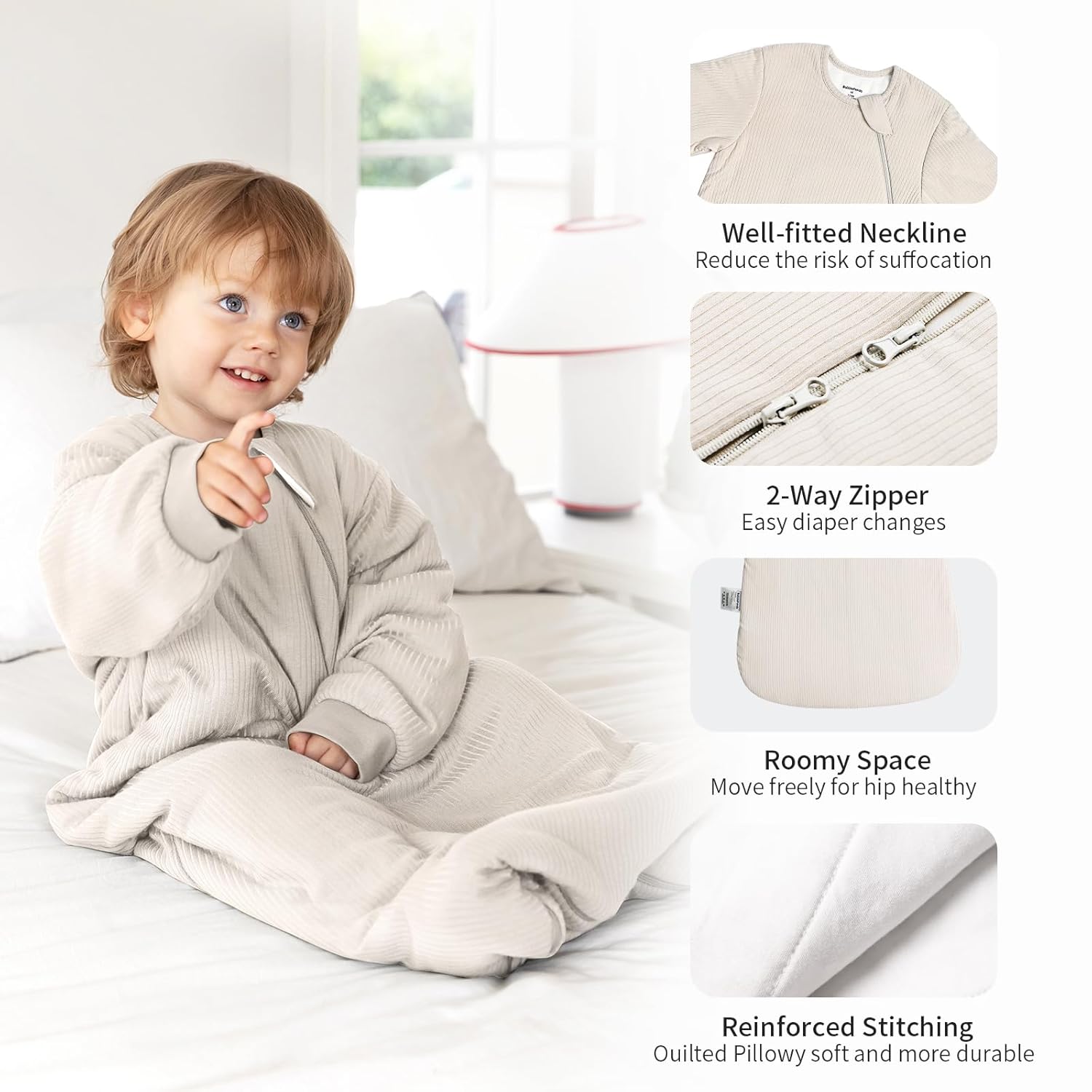 Soft elastic cuffs and safe 2-way YKK zipper on BubblePanda Oat 1.5 TOG long sleeve bamboo sleep sack