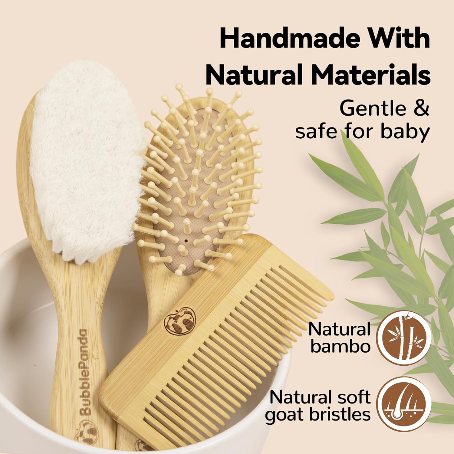 Ensemble 3-en-1 brosse et peigne bébé en bambou naturel