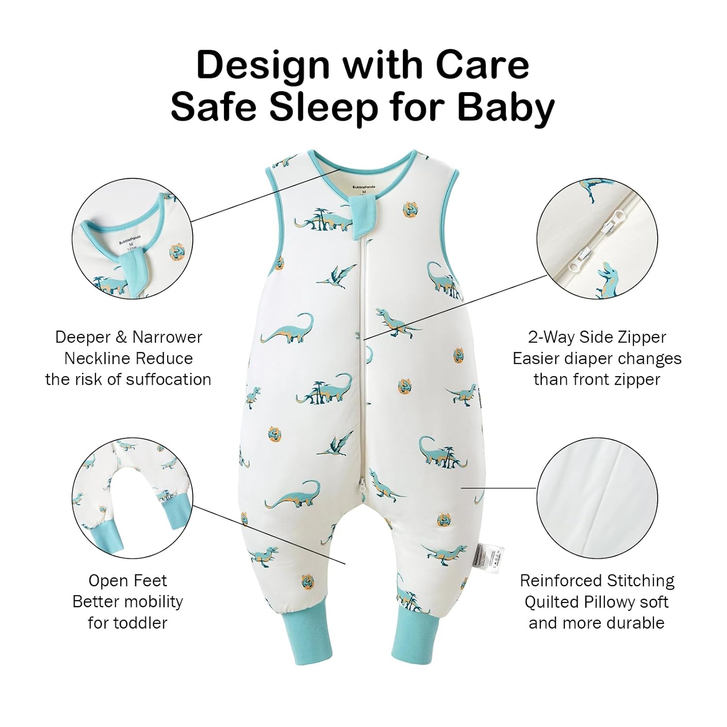 Temperature-regulating bamboo fabric for year-round comfort in BubblePanda Dinosaur 1.0 TOG Walker Sack