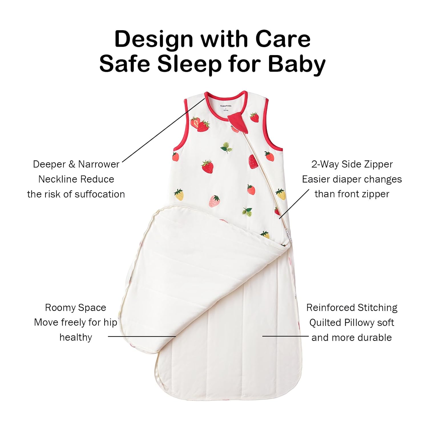 Roomy bell-bottom design of BubblePanda Strawberry 0.5 TOG Sleep Sack for healthy hip development and natural leg movement