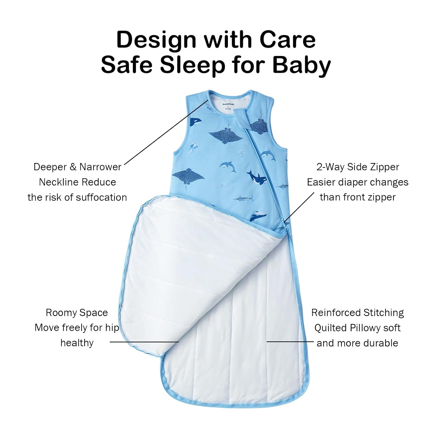 Roomy bell-bottom design of BubblePanda Shark Blue 0.5 TOG Sleep Sack for healthy hip development and natural leg movement