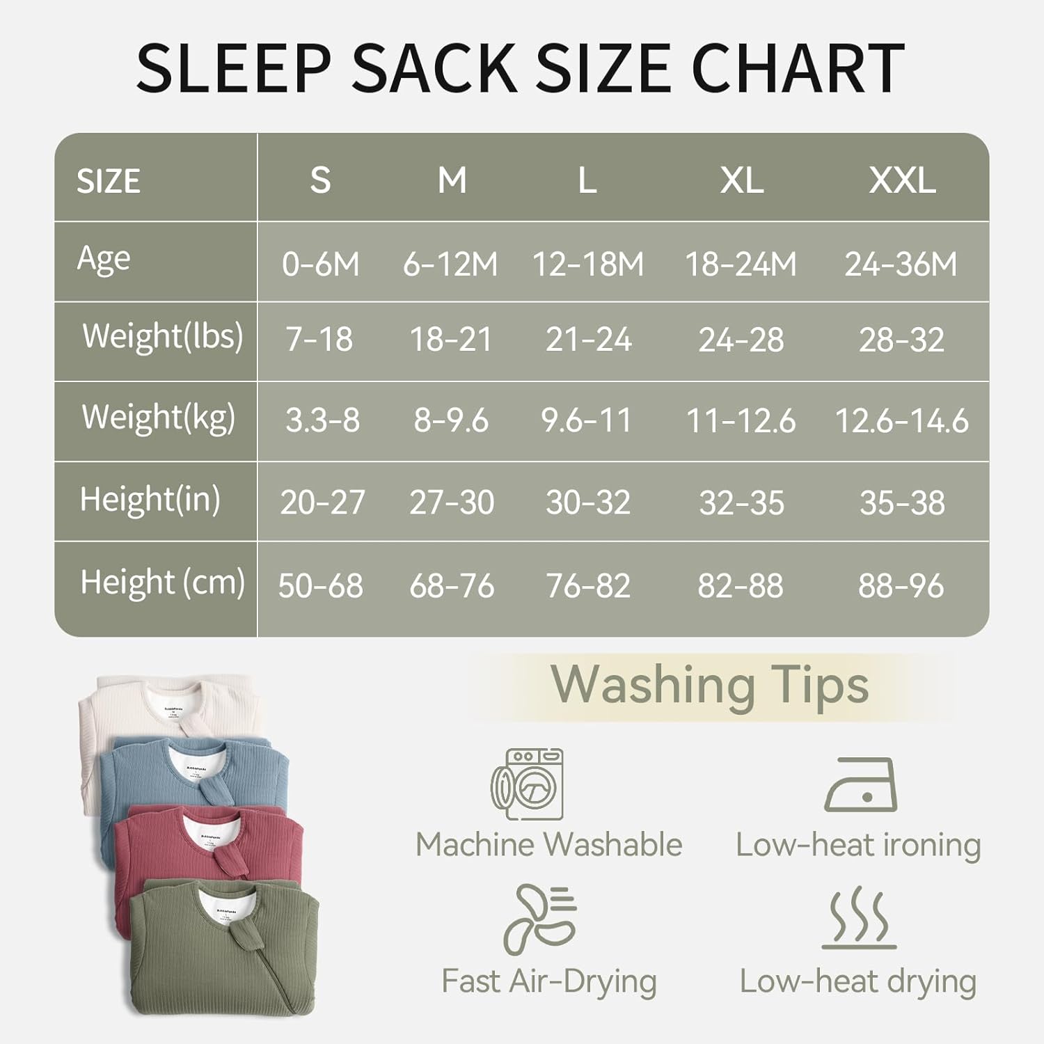BubblePanda Glacier 1.5 TOG Long Sleeve Sleep Bag size chart and temperature guide for 65-68°F nurseries