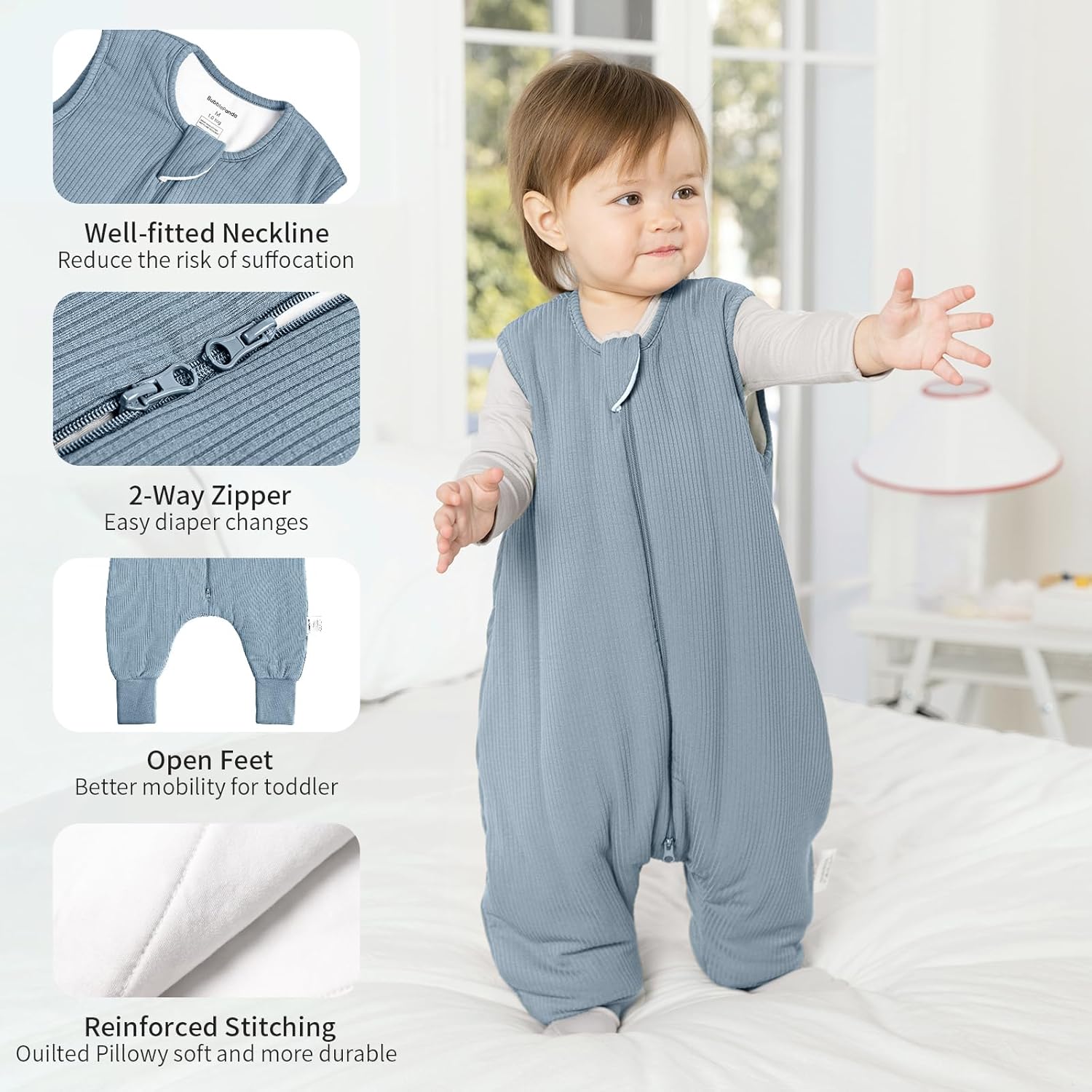 Easy diaper change J-shape 2-way zipper and protective guard on BubblePanda Glacier 1.0 TOG Walker Sack 