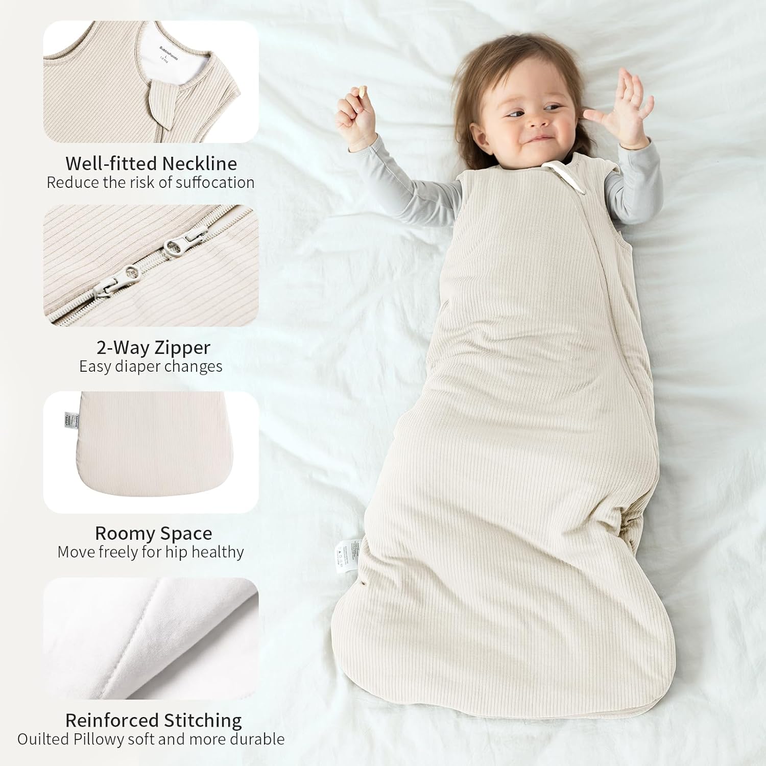 Safe neckline and dual YKK zipper with extra-wide zipper guard on BubblePanda Oat 1.0 TOG bamboo sleep sack 