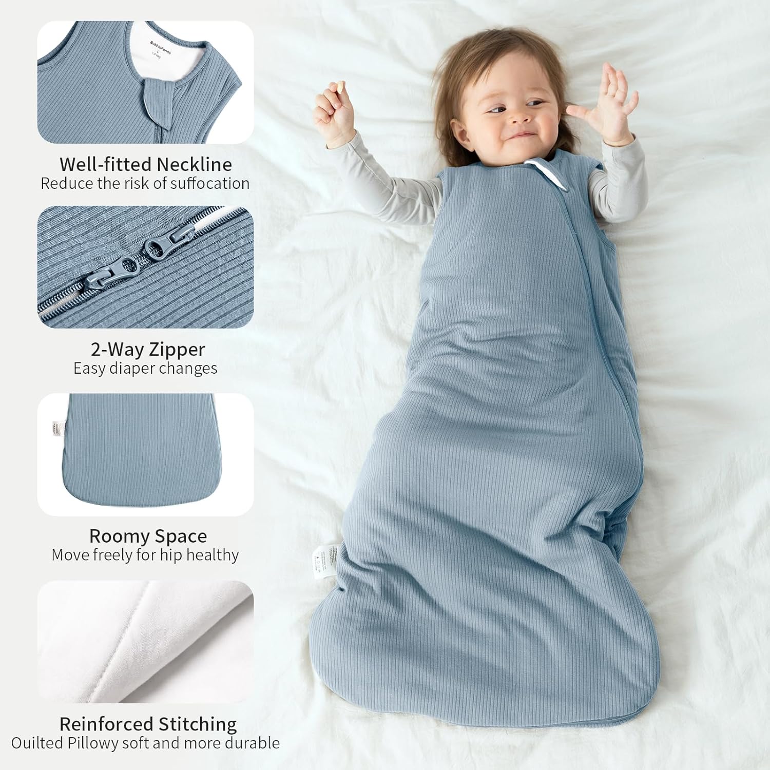 Safe neckline and dual YKK zipper with extra-wide zipper guard on BubblePanda Glacier 1.0 TOG bamboo sleep sack 