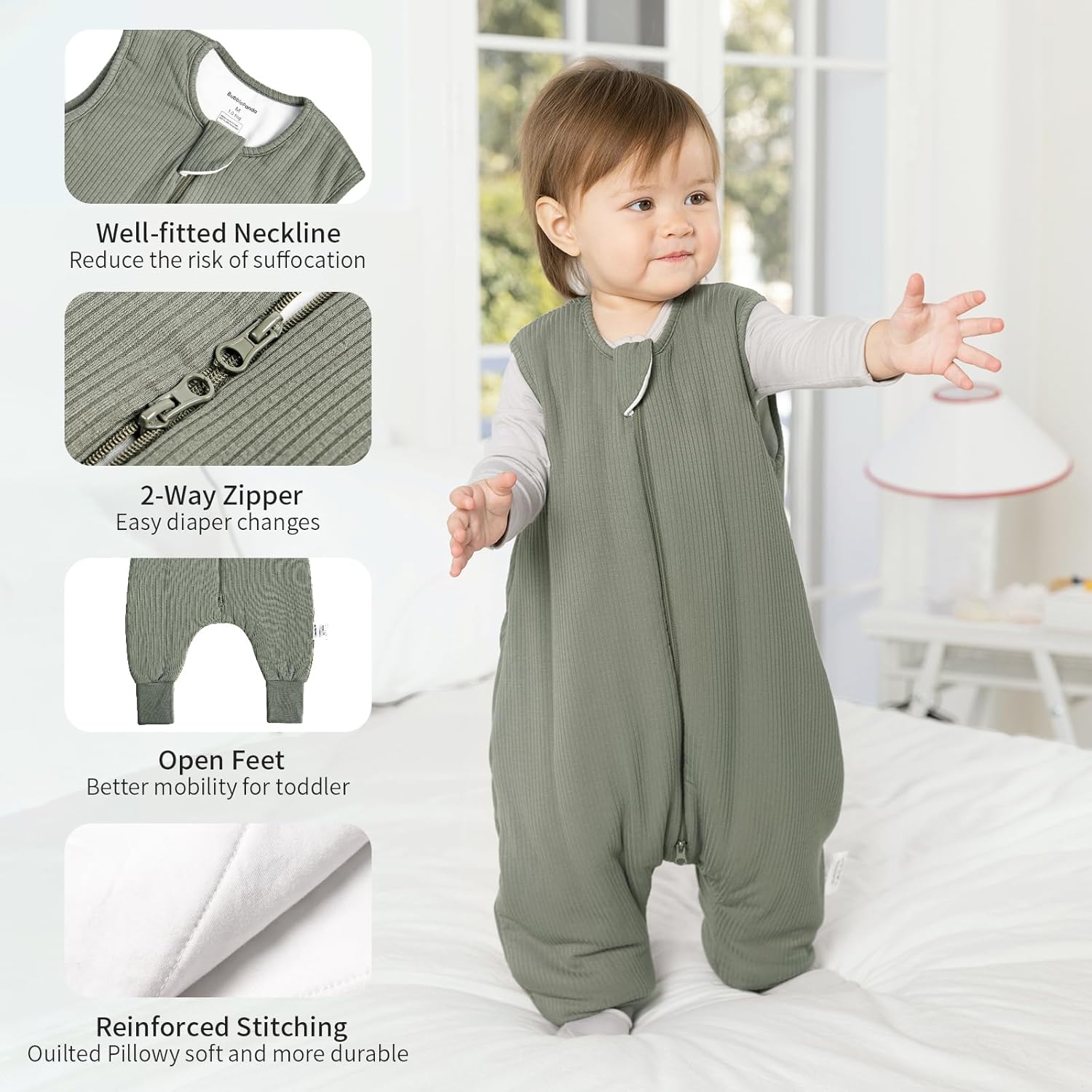 Easy diaper change J-shape 2-way zipper and protective guard on BubblePanda Olive Drab 1.0 TOG Walker Sack 