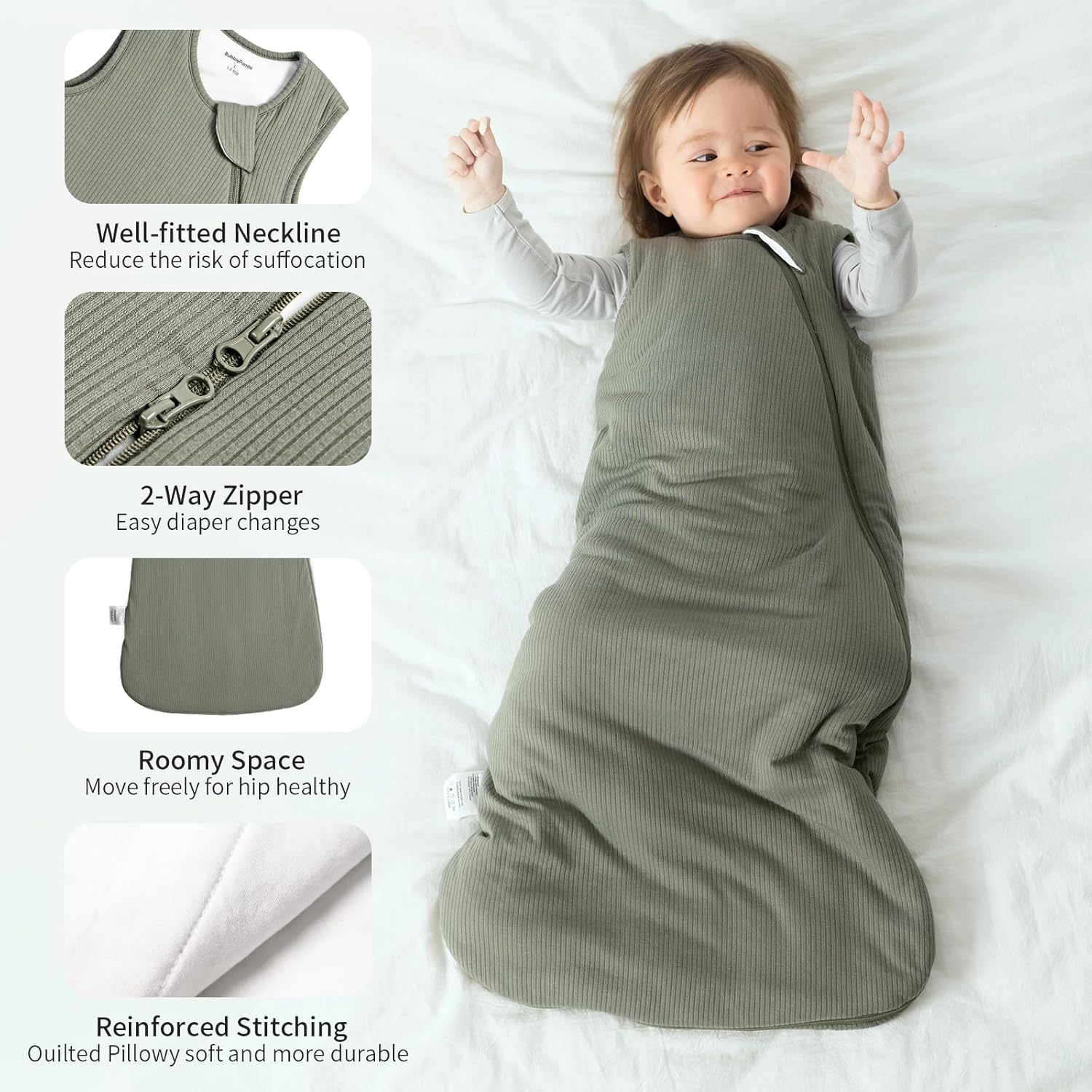 Safe neckline and dual YKK zipper with extra-wide zipper guard on BubblePanda Olive Drab 1.0 TOG bamboo sleep sack 