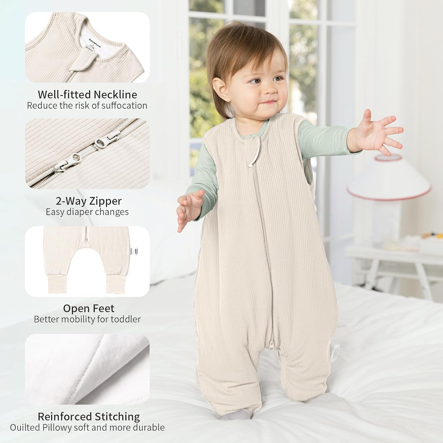 Easy diaper change J-shape 2-way zipper and protective guard on BubblePanda Oat 1.0 TOG Walker Sack 