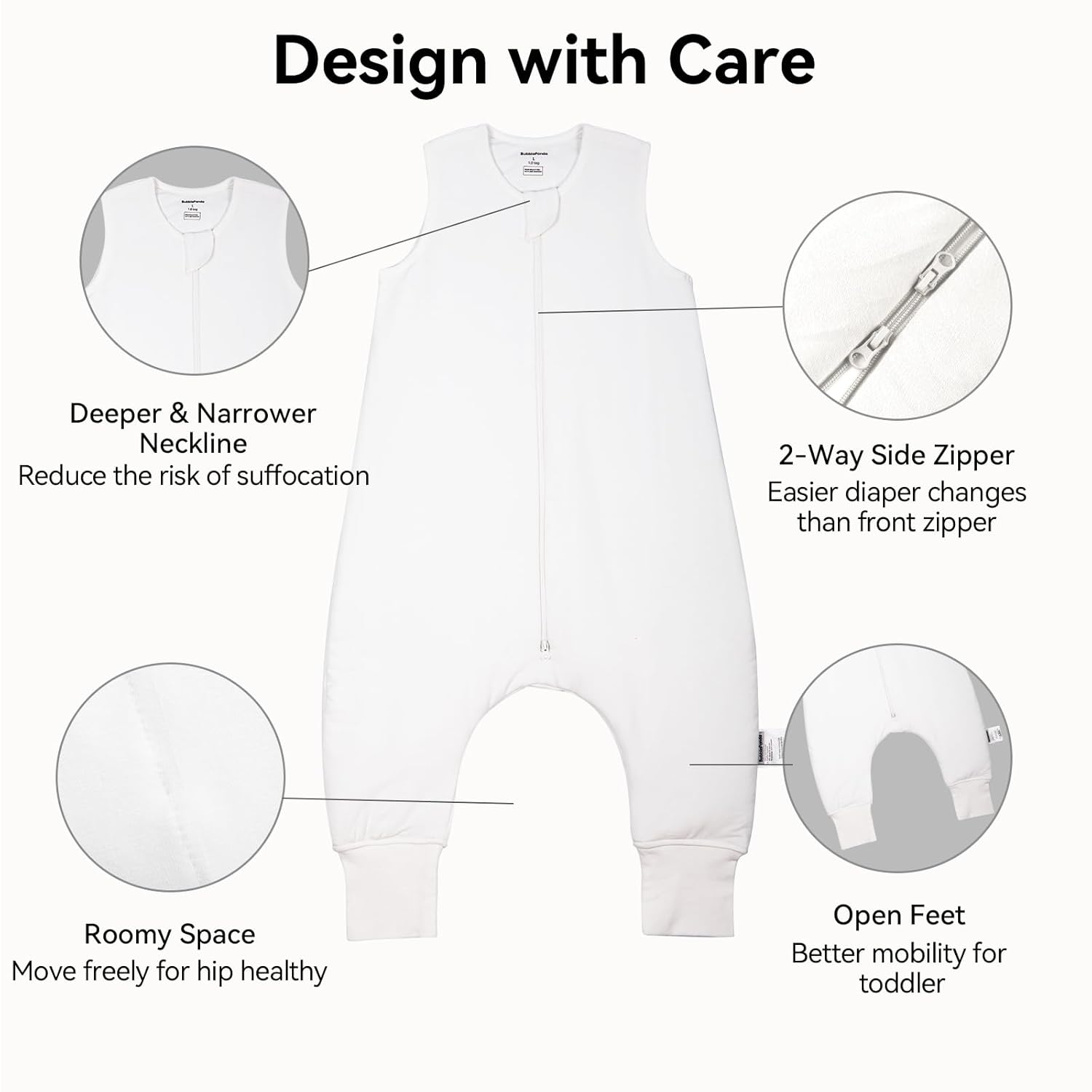 Safety features of BubblePanda Cloud Silky Modal Walker Sleep Sack including deep-U neckline, J-shape 2-way zipper, and roomy space for hip-healthy movement