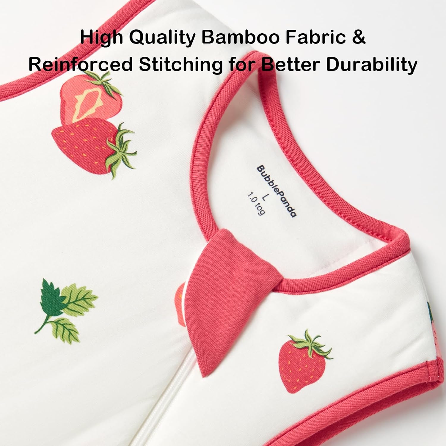 Safe neckline and dual YKK zipper with extra-wide zipper guard on BubblePanda Strawberry 1.0 TOG bamboo sleep sack 