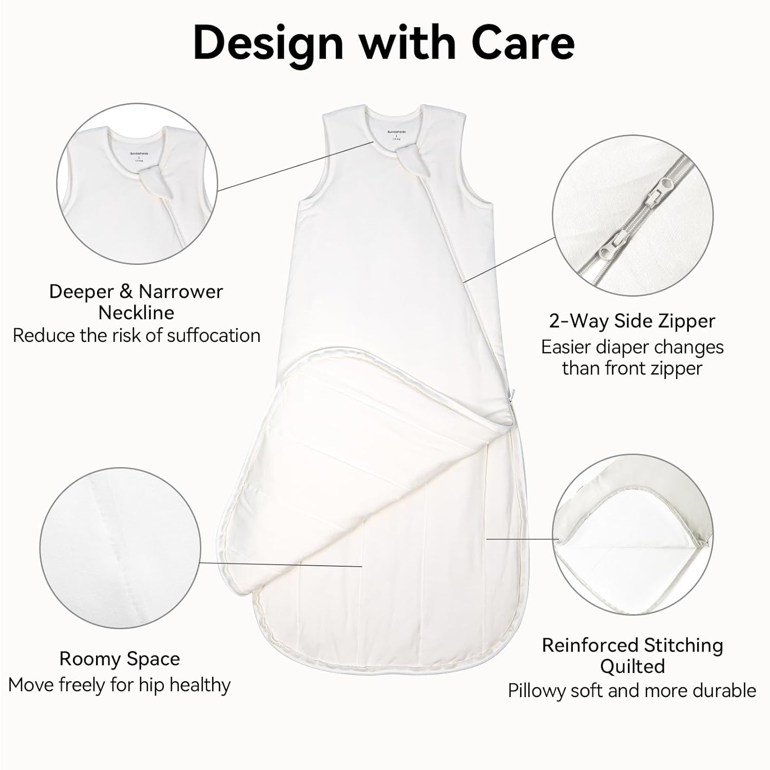 Safety features of BubblePanda Cloud Silky Modal sleep sack including deep-U neckline, zipper guard, and bell-bottom design for hip-healthy leg movement
