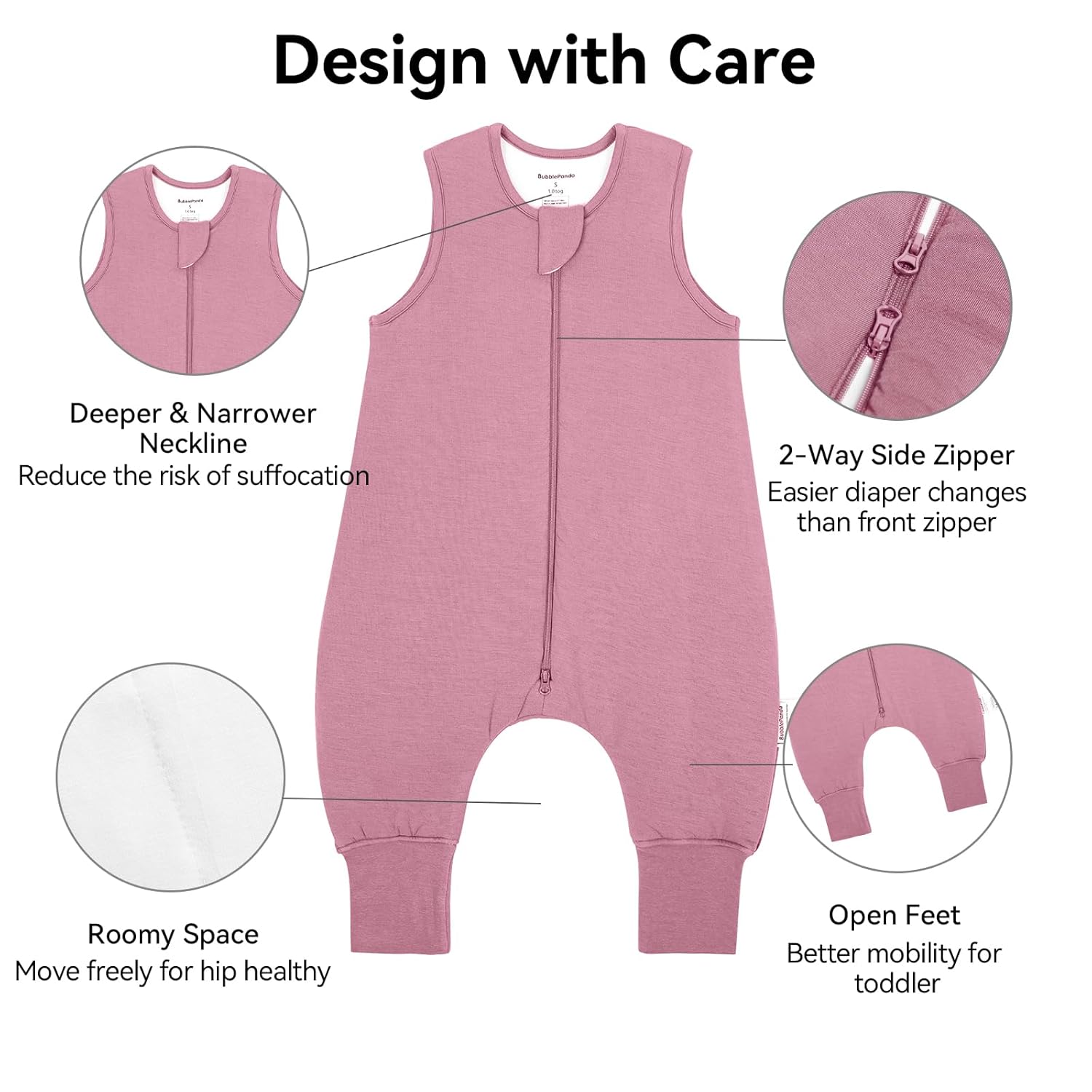 Safety features of BubblePanda Mulberry Silky Modal Walker Sleep Sack including deep-U neckline, J-shape 2-way zipper, and roomy space for hip-healthy movement