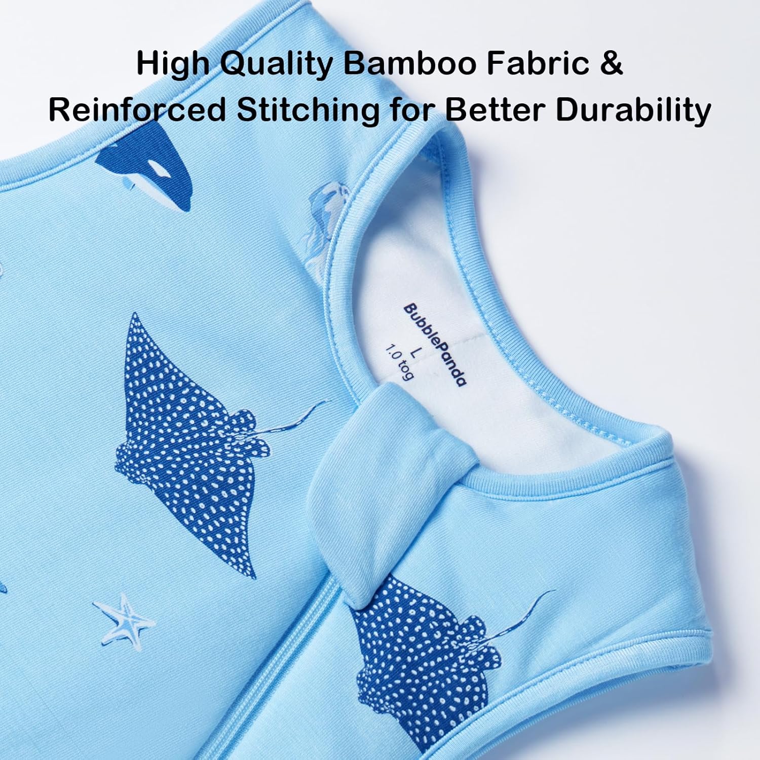 Safe neckline and dual YKK zipper with extra-wide zipper guard on BubblePanda Shark 1.0 TOG bamboo sleep sack 