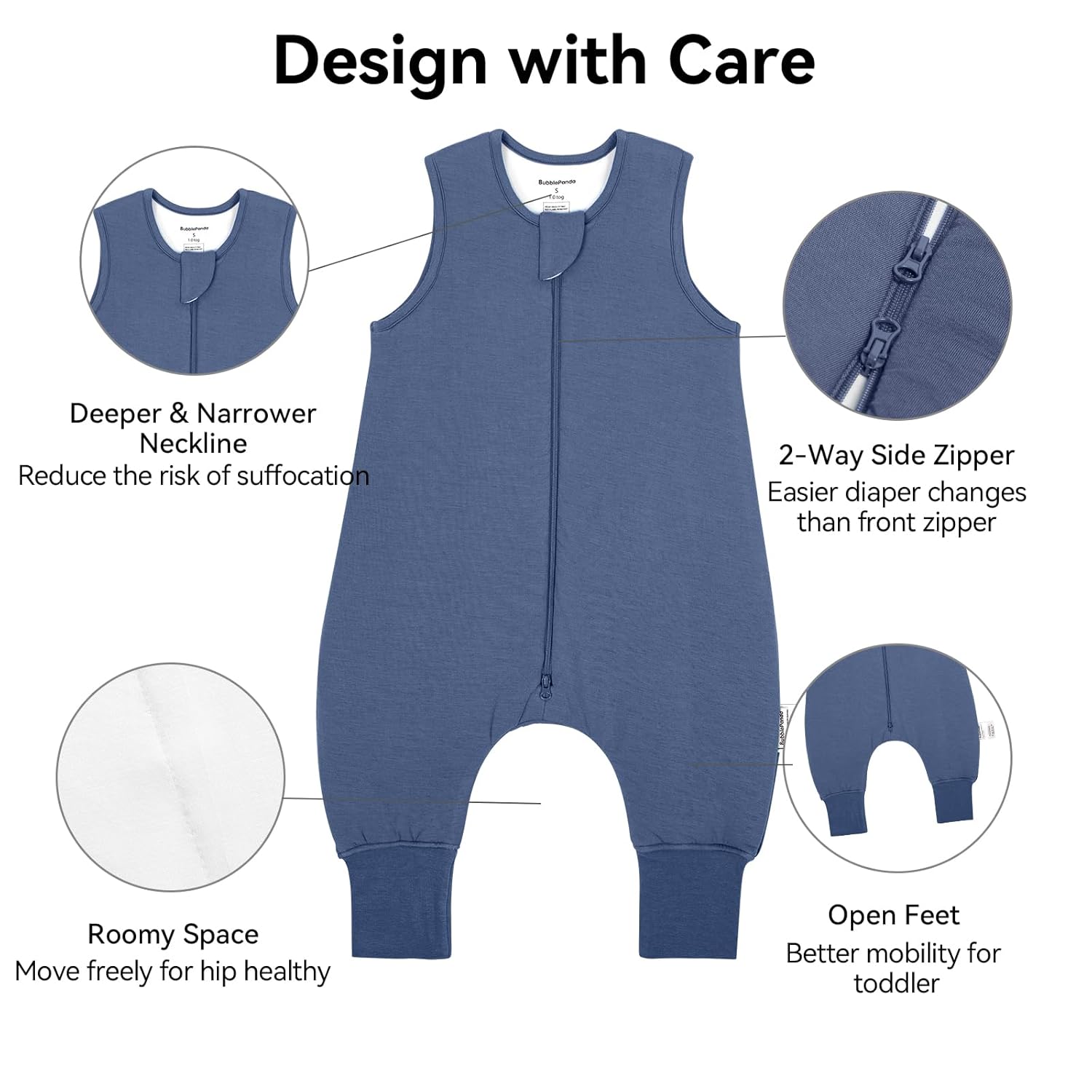 Safety features of BubblePanda Navy Silky Modal Walker Sleep Sack including deep-U neckline, J-shape 2-way zipper, and roomy space for hip-healthy movement