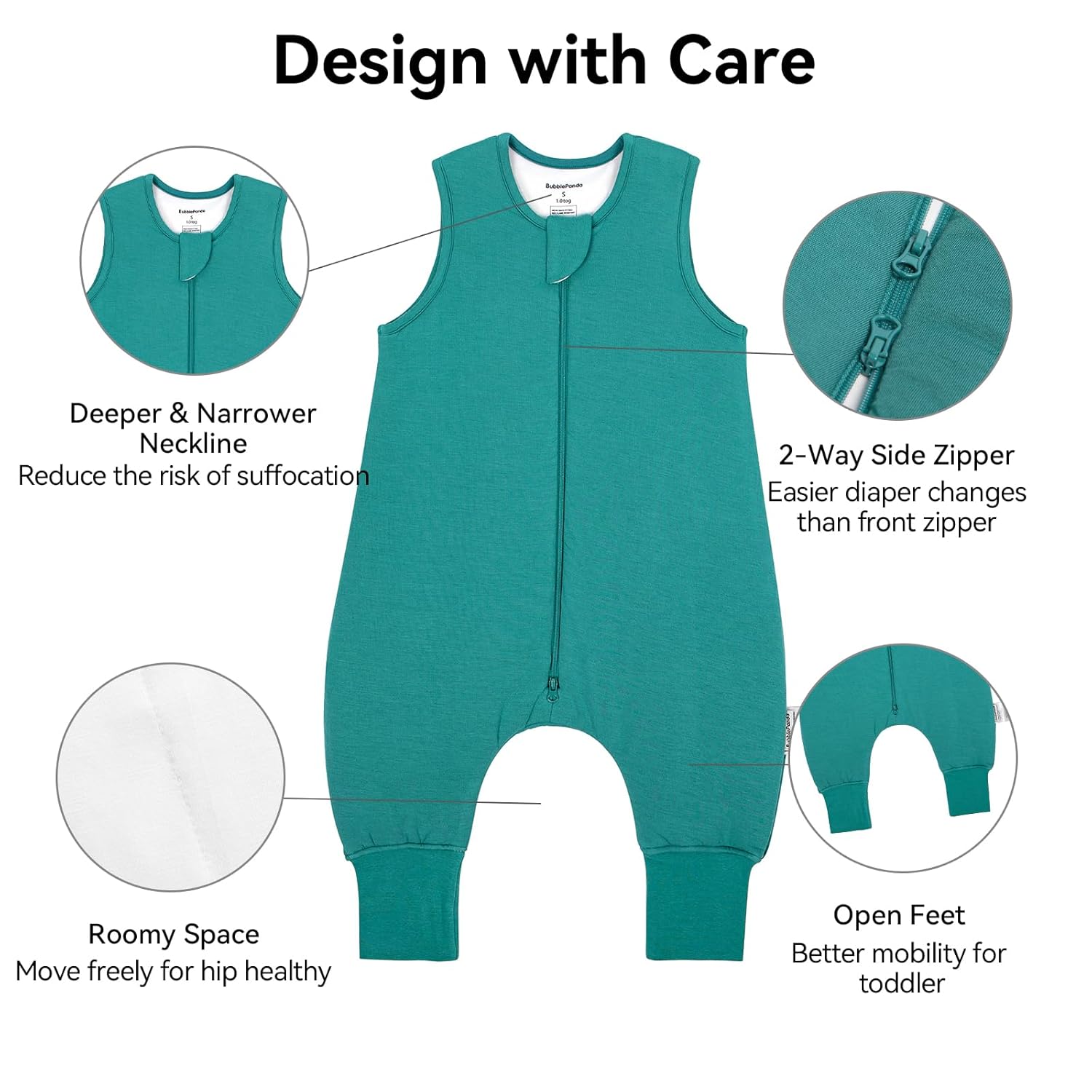 Safety features of BubblePanda Emerald Silky Modal Walker Sleep Sack including deep-U neckline, J-shape 2-way zipper, and roomy space for hip-healthy movement