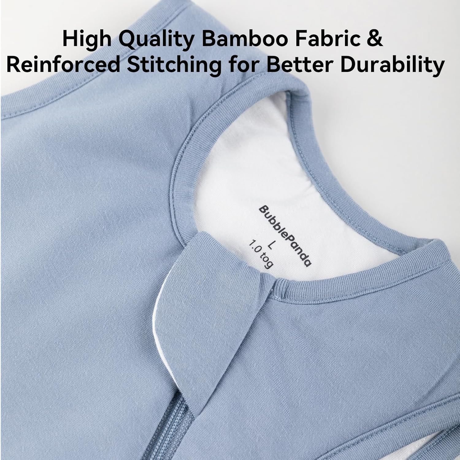 Safe neckline and dual YKK zipper with extra-wide zipper guard on BubblePanda Slate 1.0 TOG bamboo sleep sack 