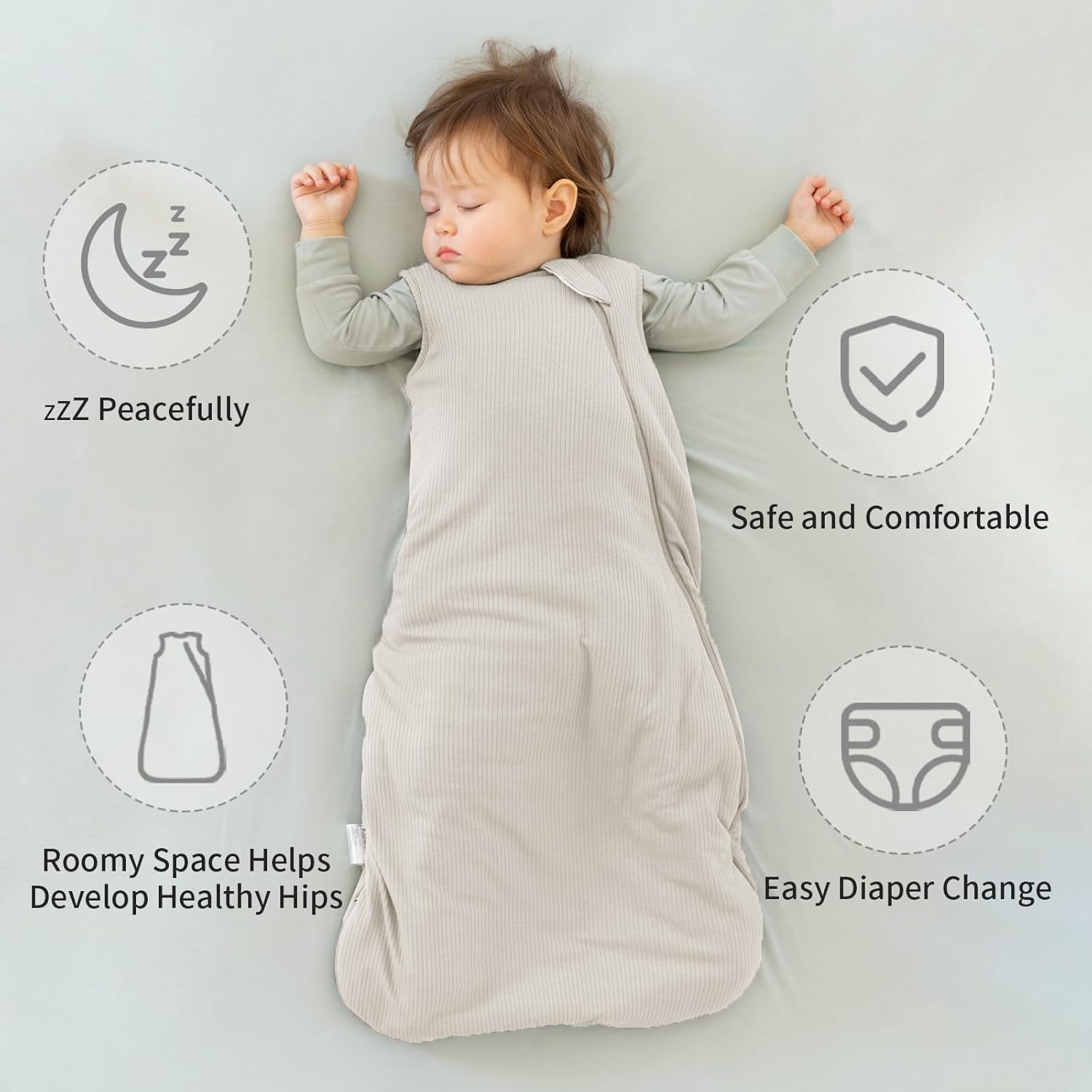 Roomy bell-bottom design on BubblePanda Oat 1.0 TOG Sleep Sack for healthy hip development and leg movement