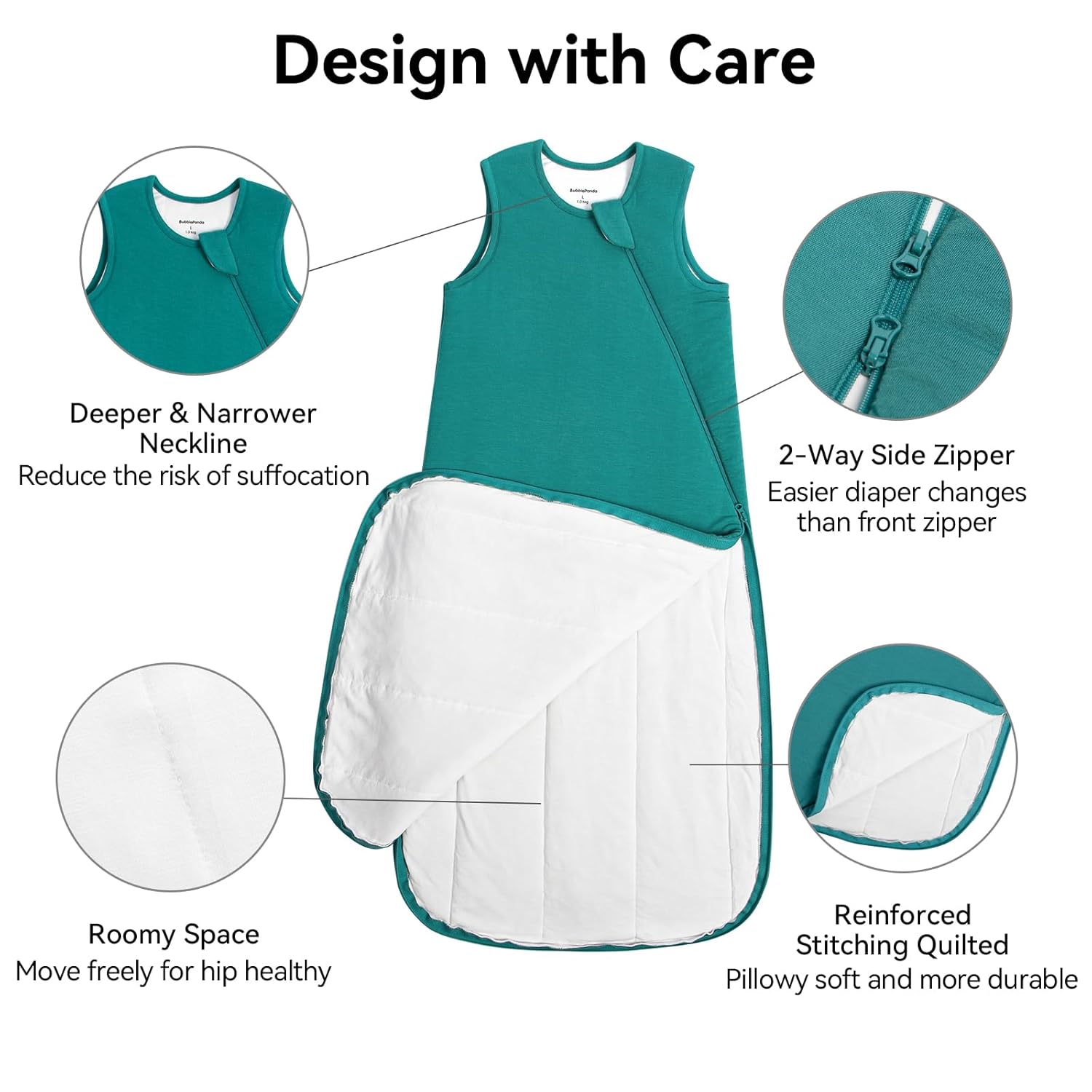 Safety features of BubblePanda Emerald Silky Modal sleep sack including deep-U neckline, zipper guard, and bell-bottom design for hip-healthy leg movement
