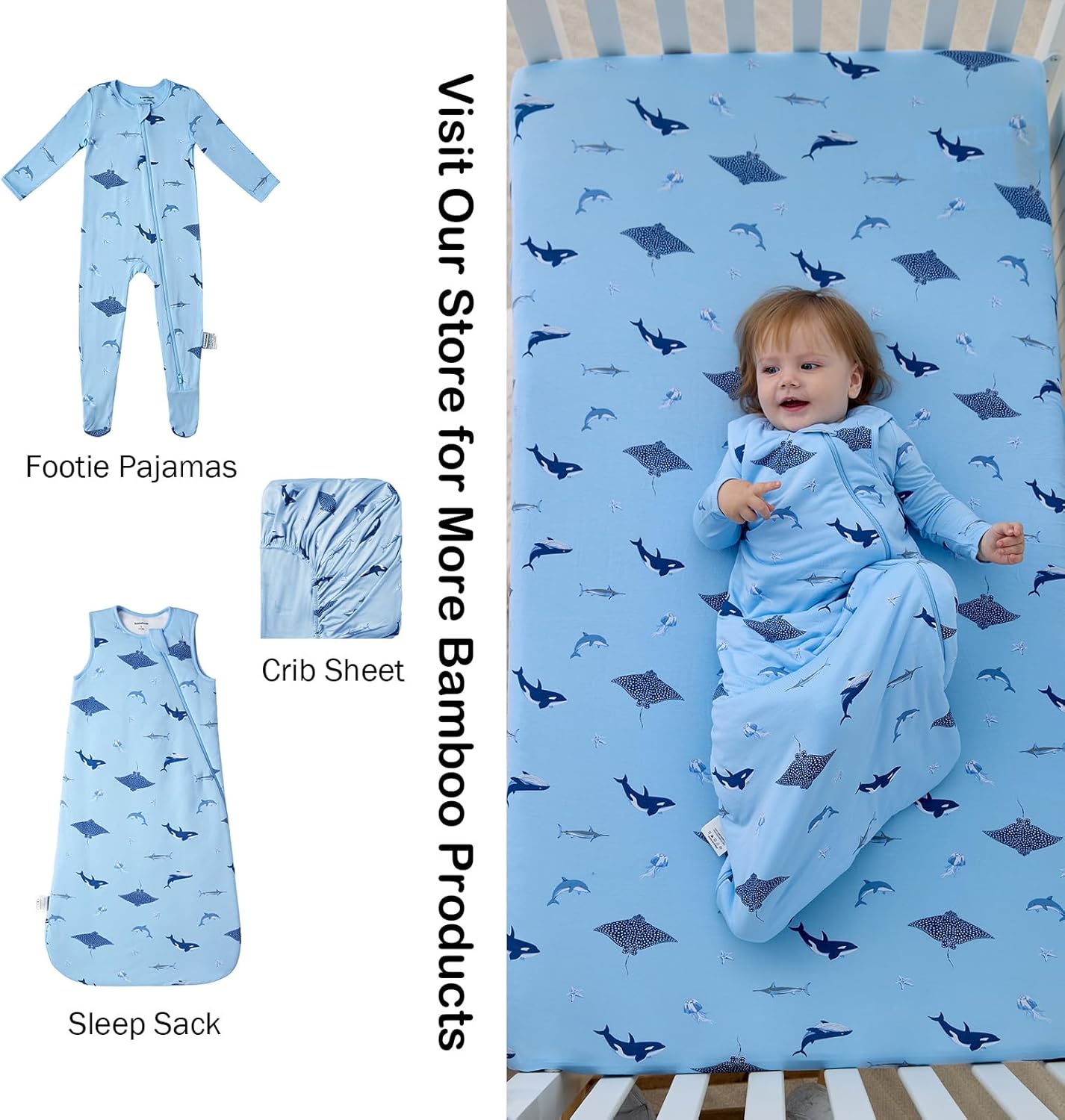 Drap-housse de berceau en bambou - (Requin)