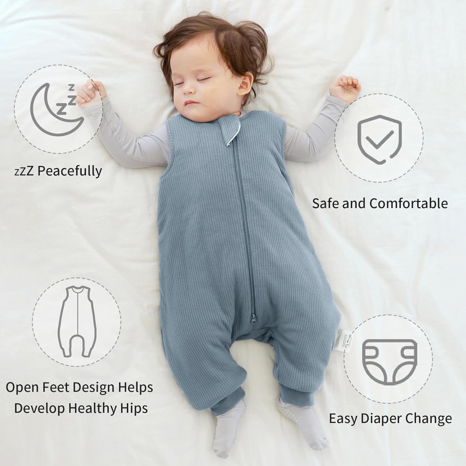 Open-foot design for safe standing and walking - BubblePanda Glacier 1.0 TOG Bamboo Walker Sleep Sack