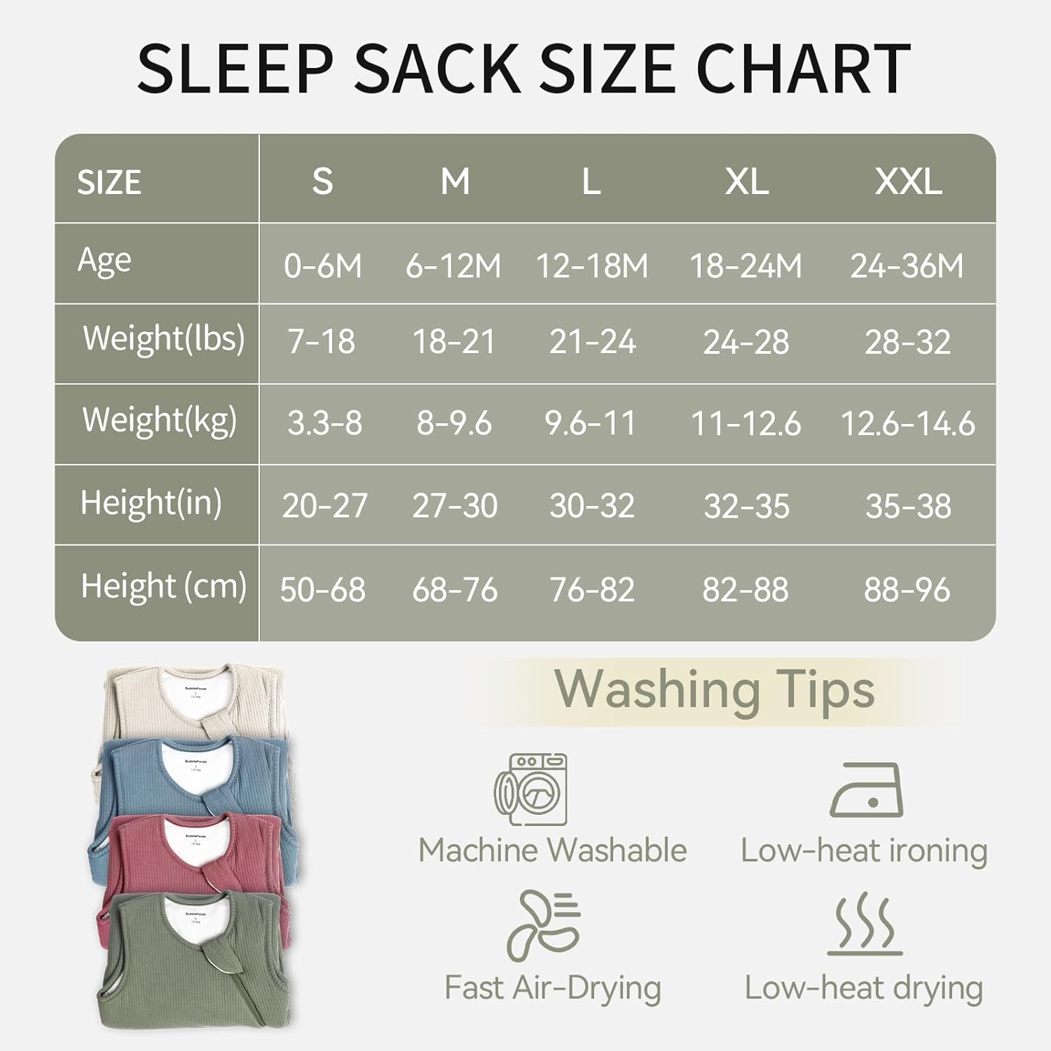 BubblePanda Olive Drab 1.0 TOG Bamboo Sleep Sack TOG layering guide and size chart for safe nursery environment