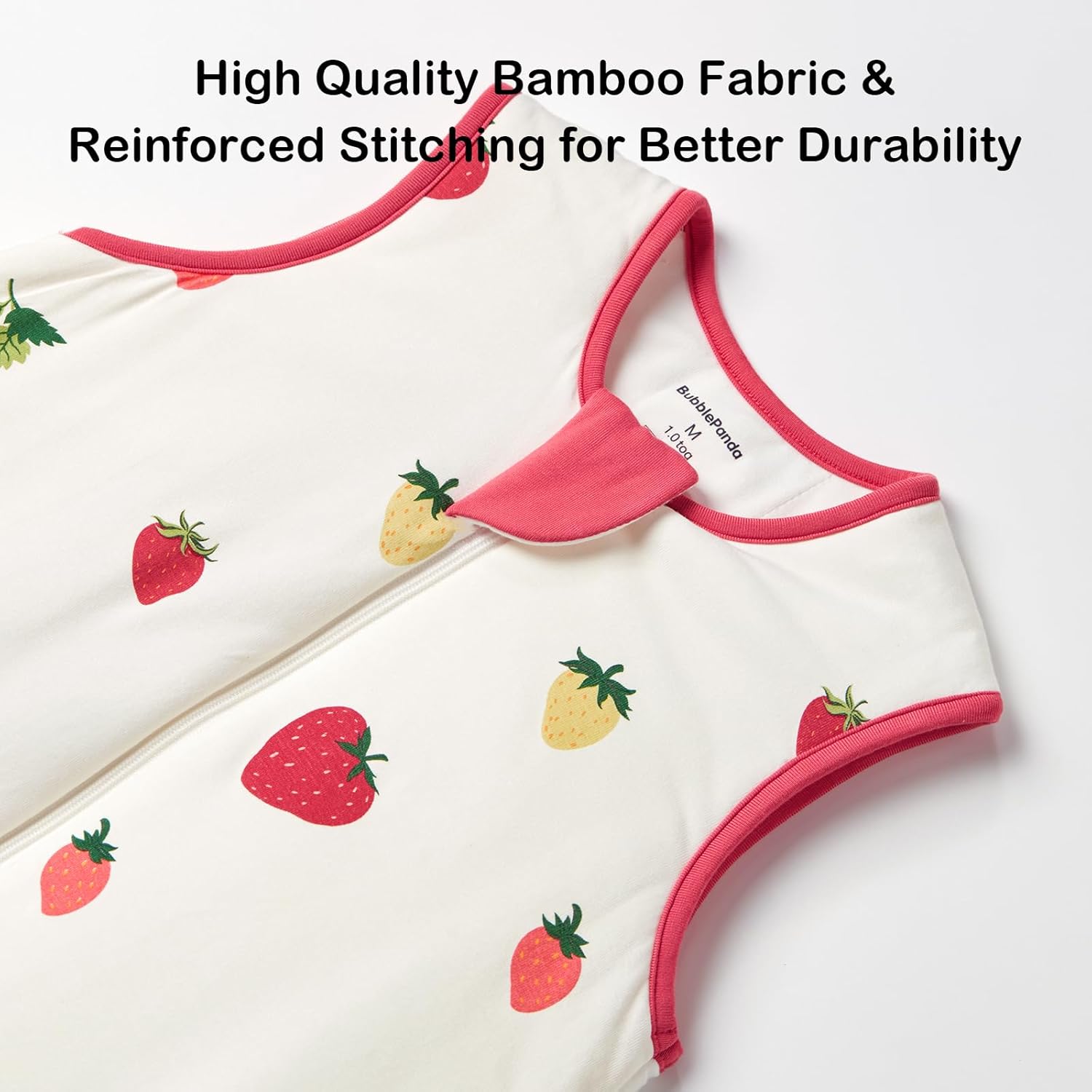 Easy diaper change J-shape 2-way zipper and protective guard on BubblePanda Strawberry 1.0 TOG Walker Sack 