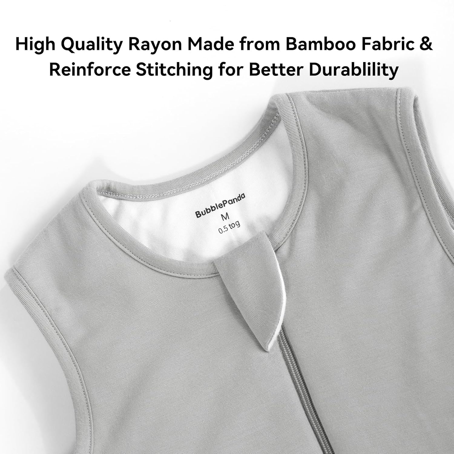Safe 2-way YKK J-shape zipper and protective zipper guard on BubblePanda Storm 0.5 TOG bamboo sleep sack