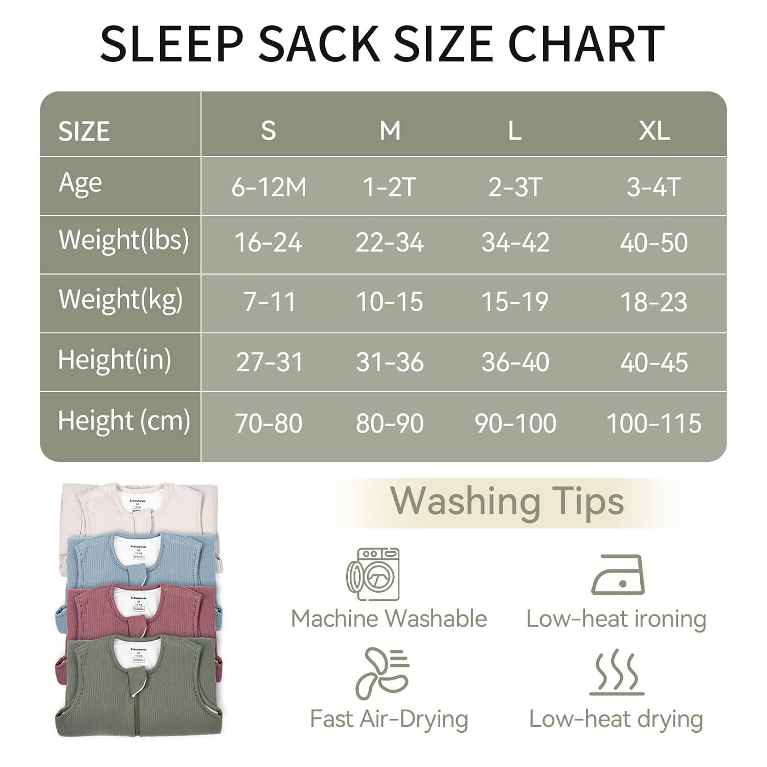 BubblePanda Oat 1.0 TOG Walker Sleep Sack Size Chart and height-weight guide for toddlers