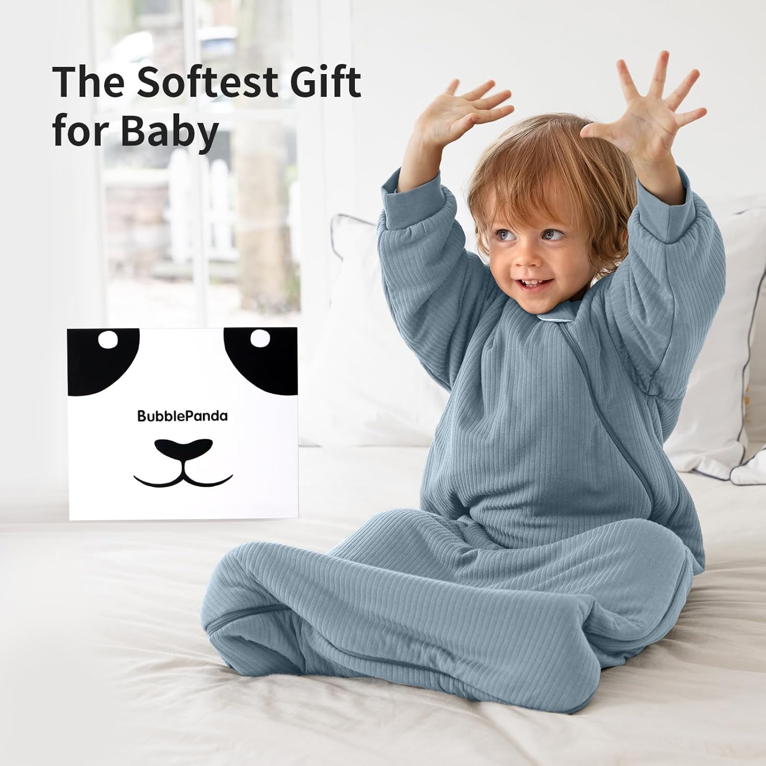 Baby sleeping soundly in a BubblePanda Glacier 1.5 TOG long sleeve 250 GSM bamboo sleep bag