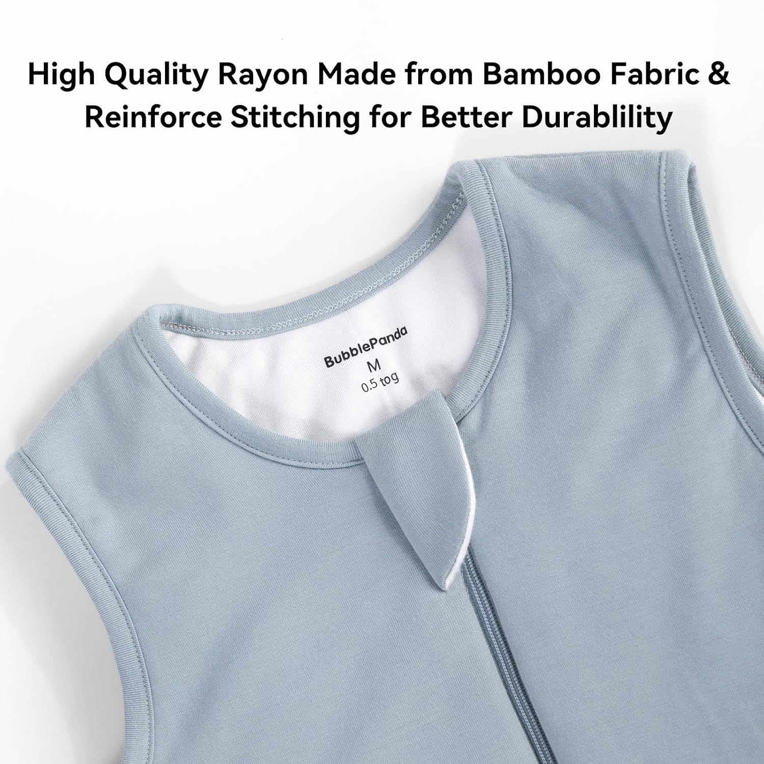 Safe 2-way YKK J-shape zipper and protective zipper guard on BubblePanda Slate 0.5 TOG bamboo sleep sack