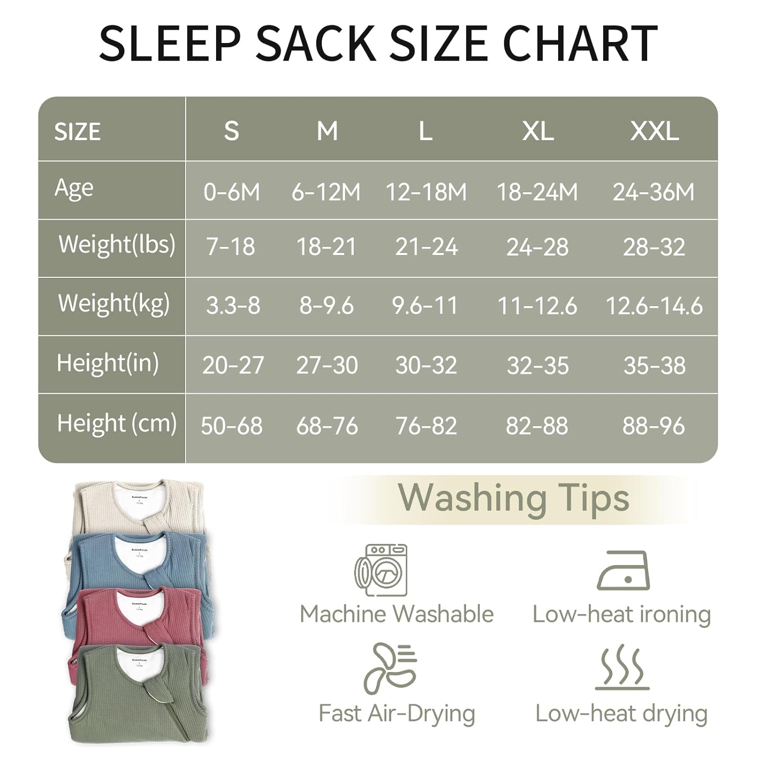 BubblePanda Glacier 1.0 TOG Bamboo Sleep Sack TOG layering guide and size chart for safe nursery environment