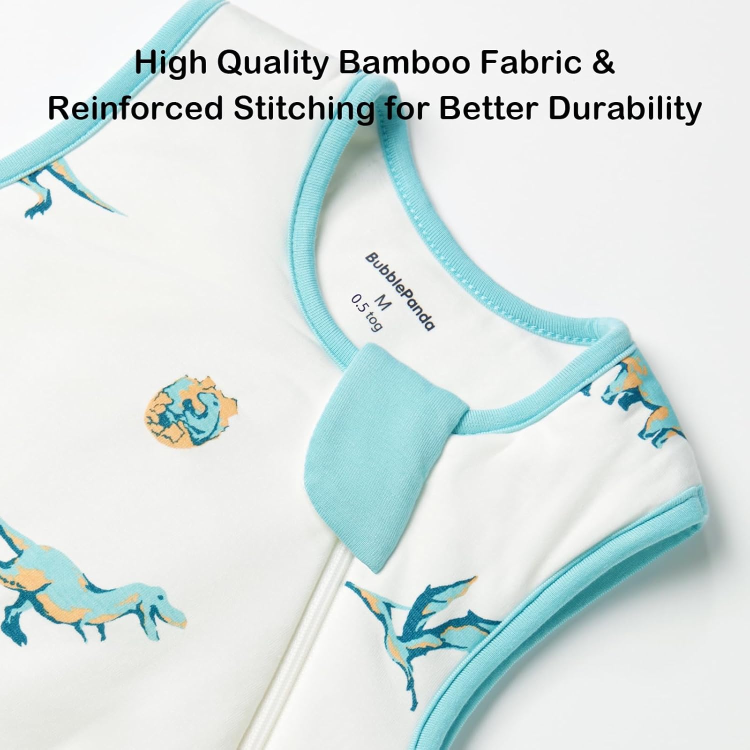 Safe neckline and 2-way YKK zipper with protective guard on BubblePanda Dinosaur 0.5 TOG bamboo sleep sack