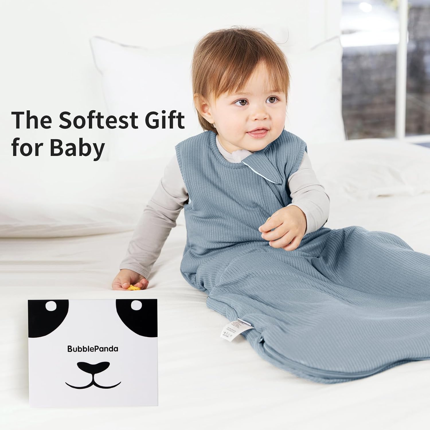 Elegant Glacier 1.0 TOG BubblePanda bamboo sleep sack in a modern minimalist nursery setting