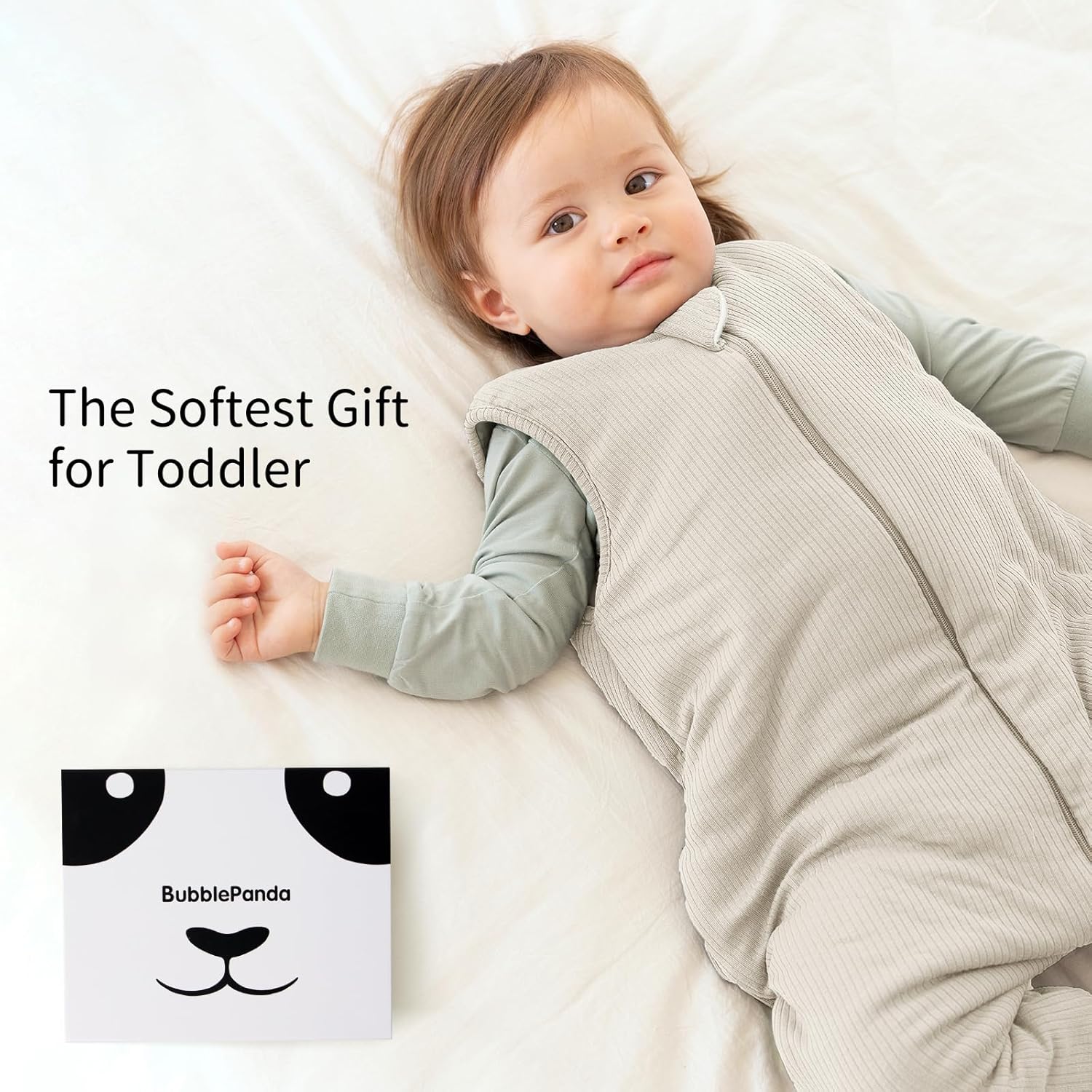 Toddler standing and playing safely in BubblePanda Oat 1.0 TOG high-density bamboo walker sleep sack