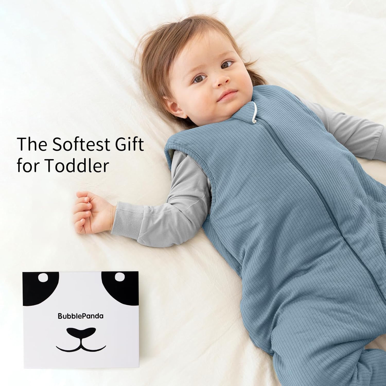 Toddler standing and playing safely in BubblePanda Glacier 1.0 TOG high-density bamboo walker sleep sack