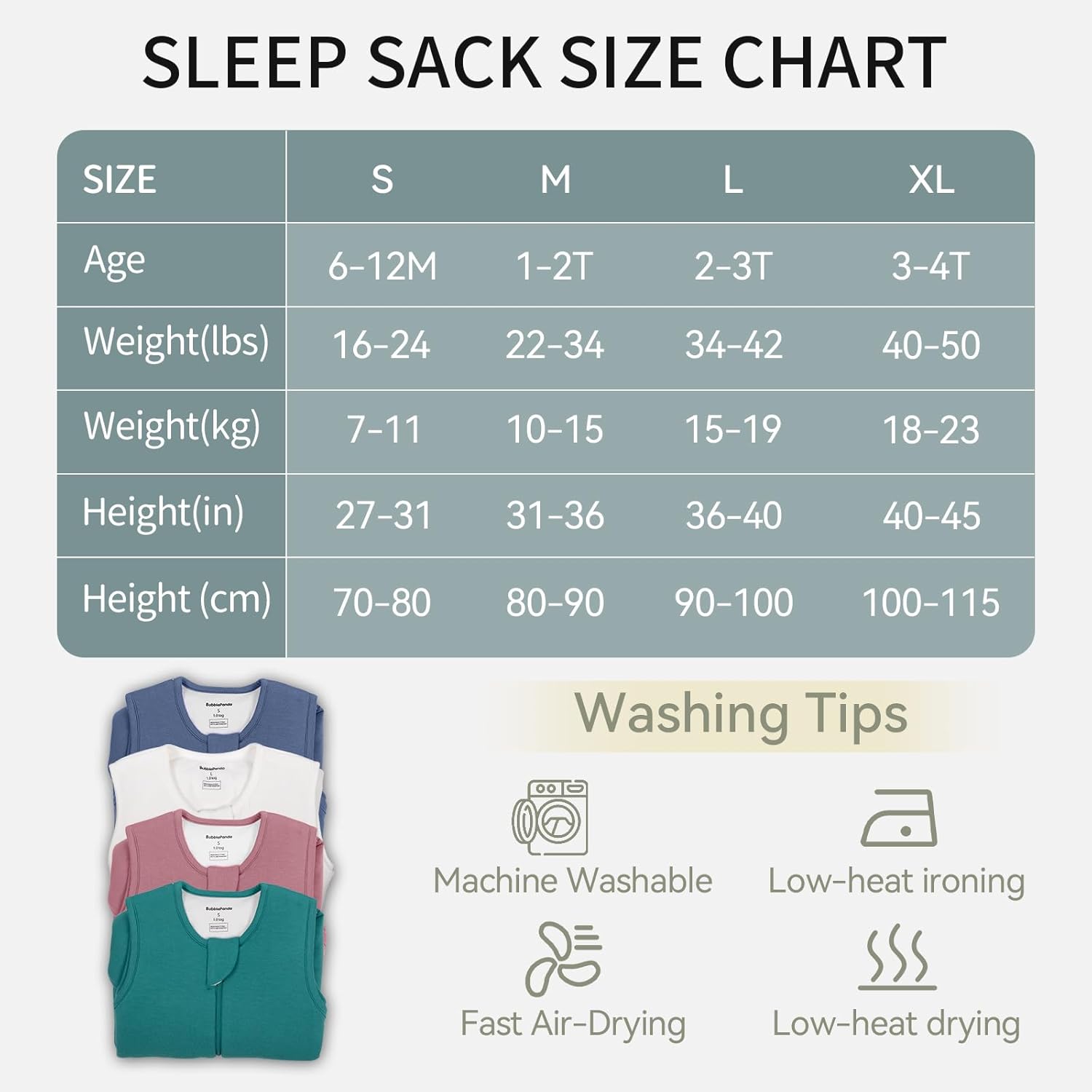 BubblePanda Navy Silky Modal Walker Sleep Sack size chart based on weight and height with easy machine-washing instructions to preserve modal softness