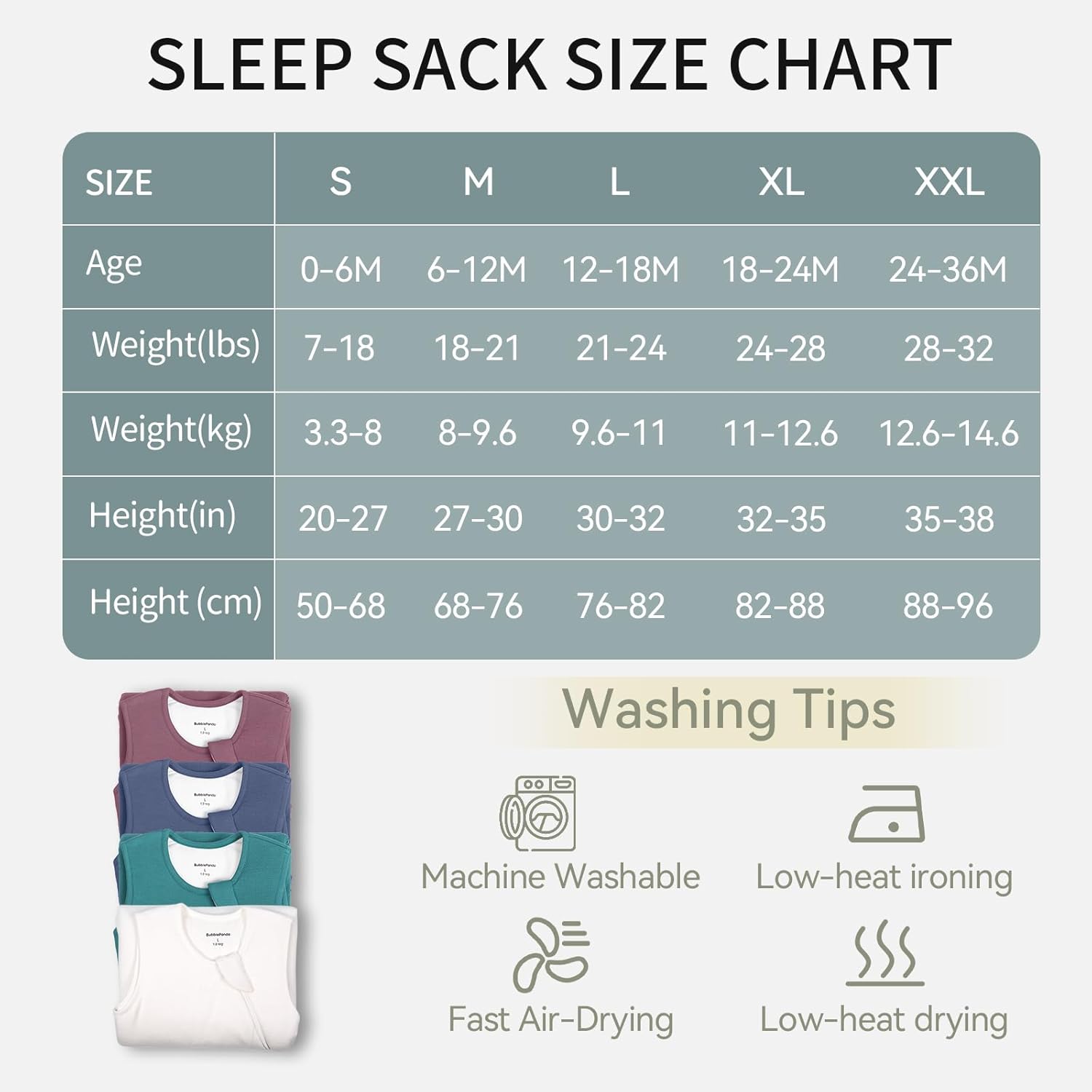 BubblePanda Cloud Silky Modal sleep sack size chart and easy care guide with cold-wash instructions to preserve modal softness