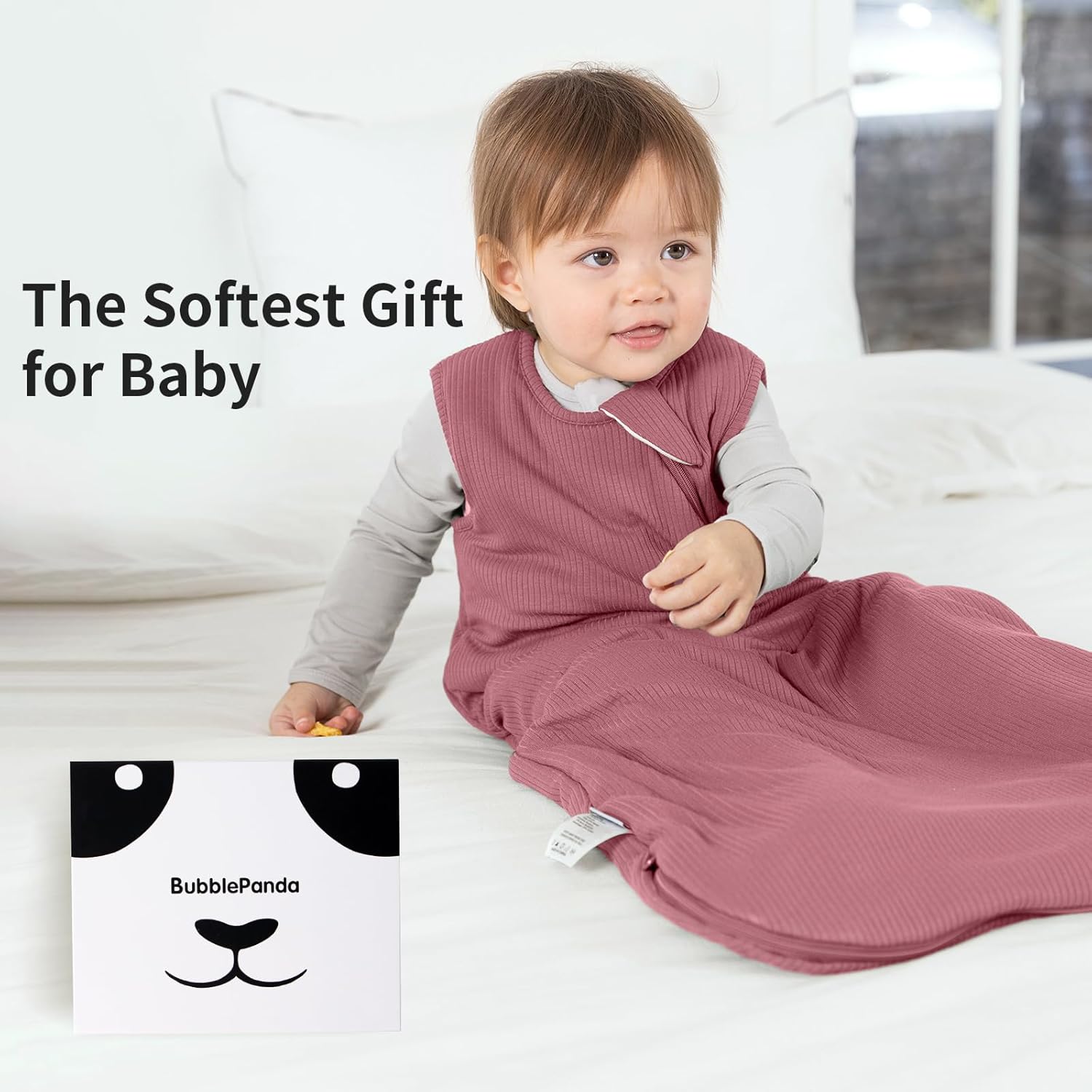 Elegant Dusty Rose 1.0 TOG BubblePanda bamboo sleep sack in a modern minimalist nursery setting
