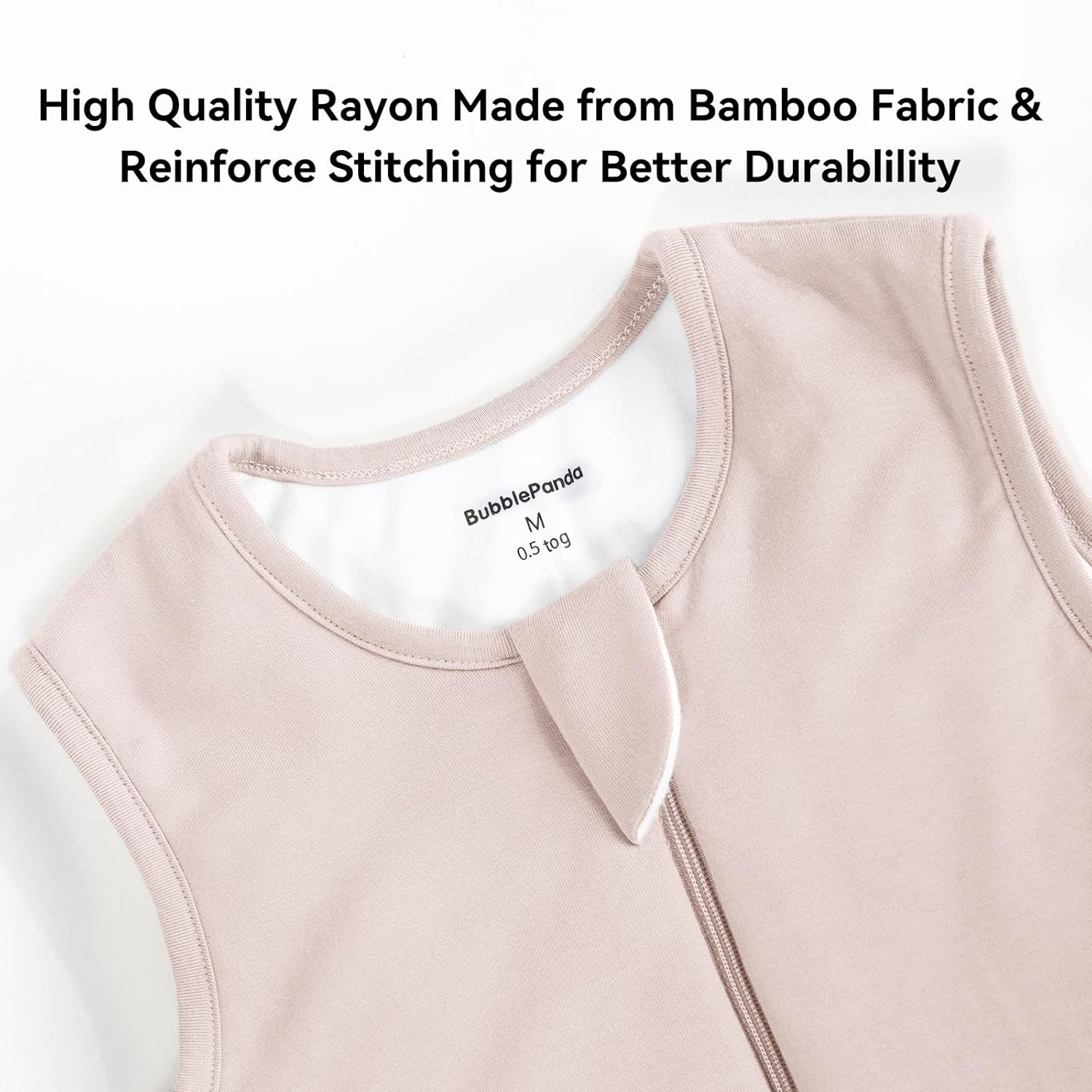 Safe 2-way YKK J-shape zipper and protective zipper guard on BubblePanda Blush 0.5 TOG bamboo sleep sack