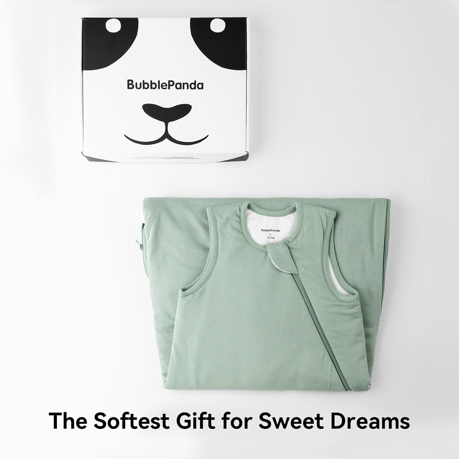 Elegant Sage Green BubblePanda 0.5 TOG bamboo sleep sack in a modern minimalist nursery setting