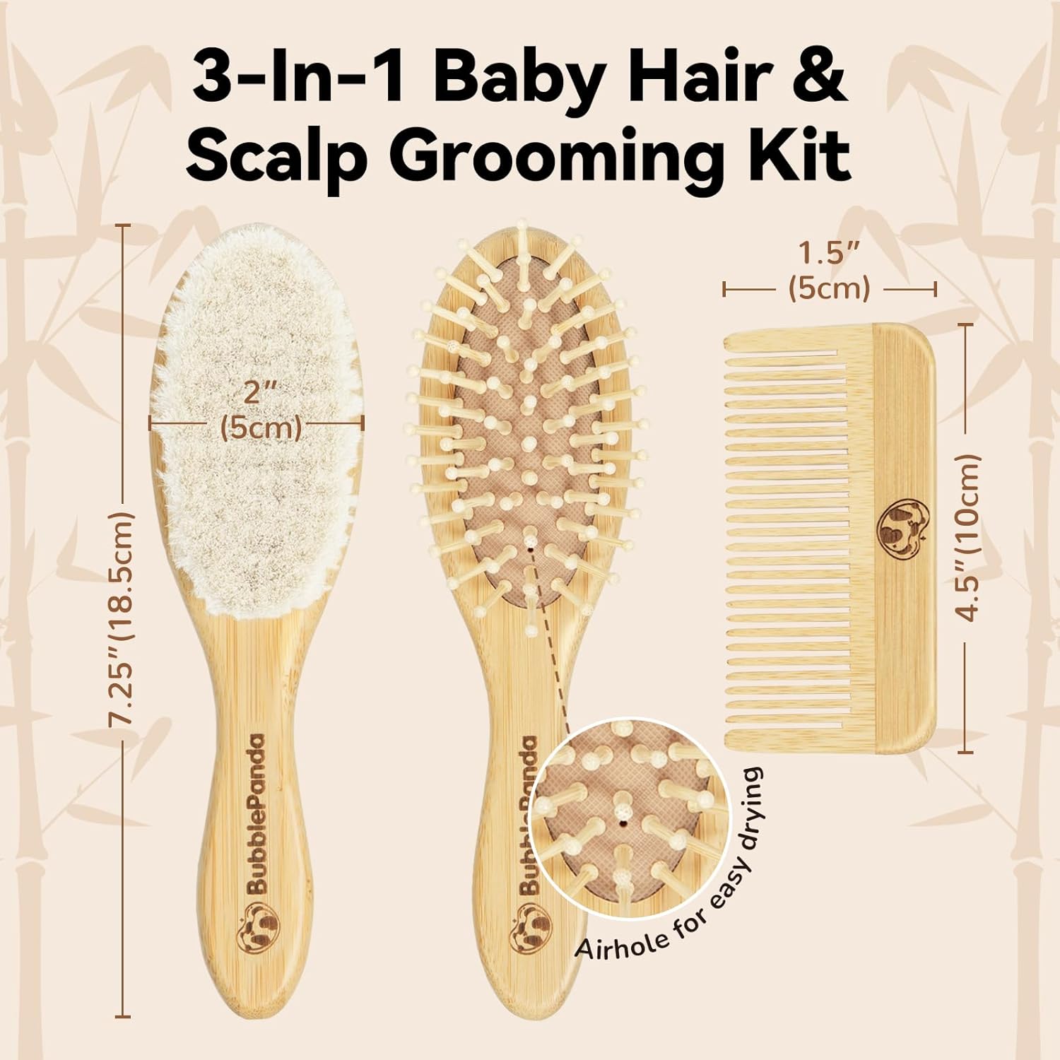 Ensemble 3-en-1 brosse et peigne bébé en bambou naturel